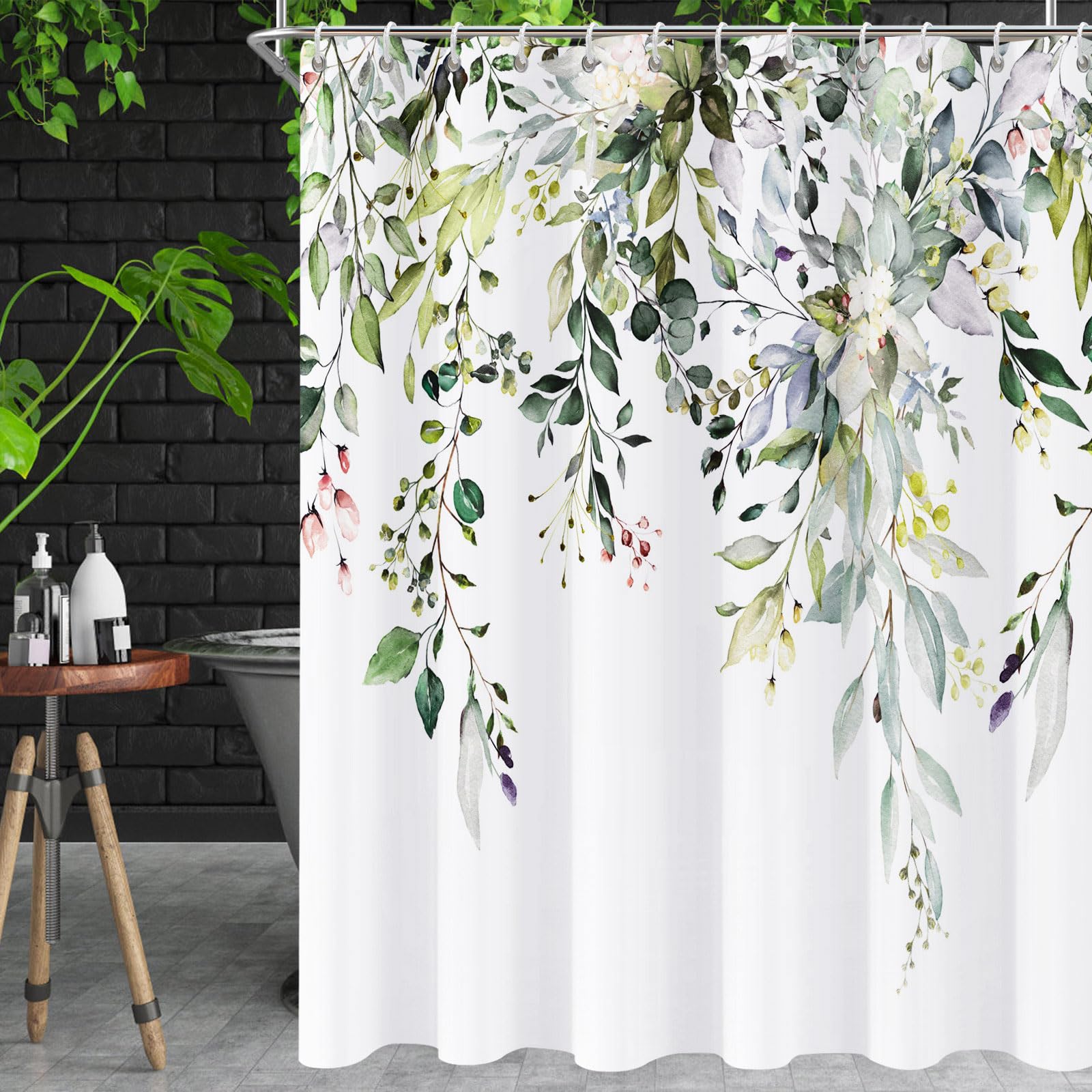 NECSOLE Shower Curtain Green Shower Curtains for Bathroom, Watercolor Leaf Eucalyptus Shower Curtain Sets Waterproof Plant Shower Curtain Leaves Cloth