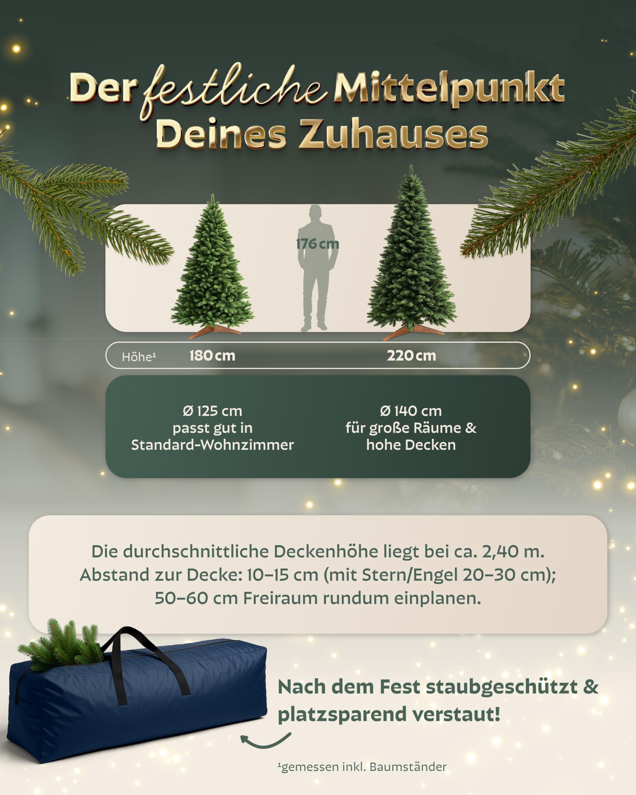 Håvn® Premium Künstlicher Weihnachtsbaum (220cm Nordlys) | Naturgetreue Optik, Dichte Zweige, inkl. Holzständer & Aufbewahrungstasche – Hochwertiger Tannenbaum
