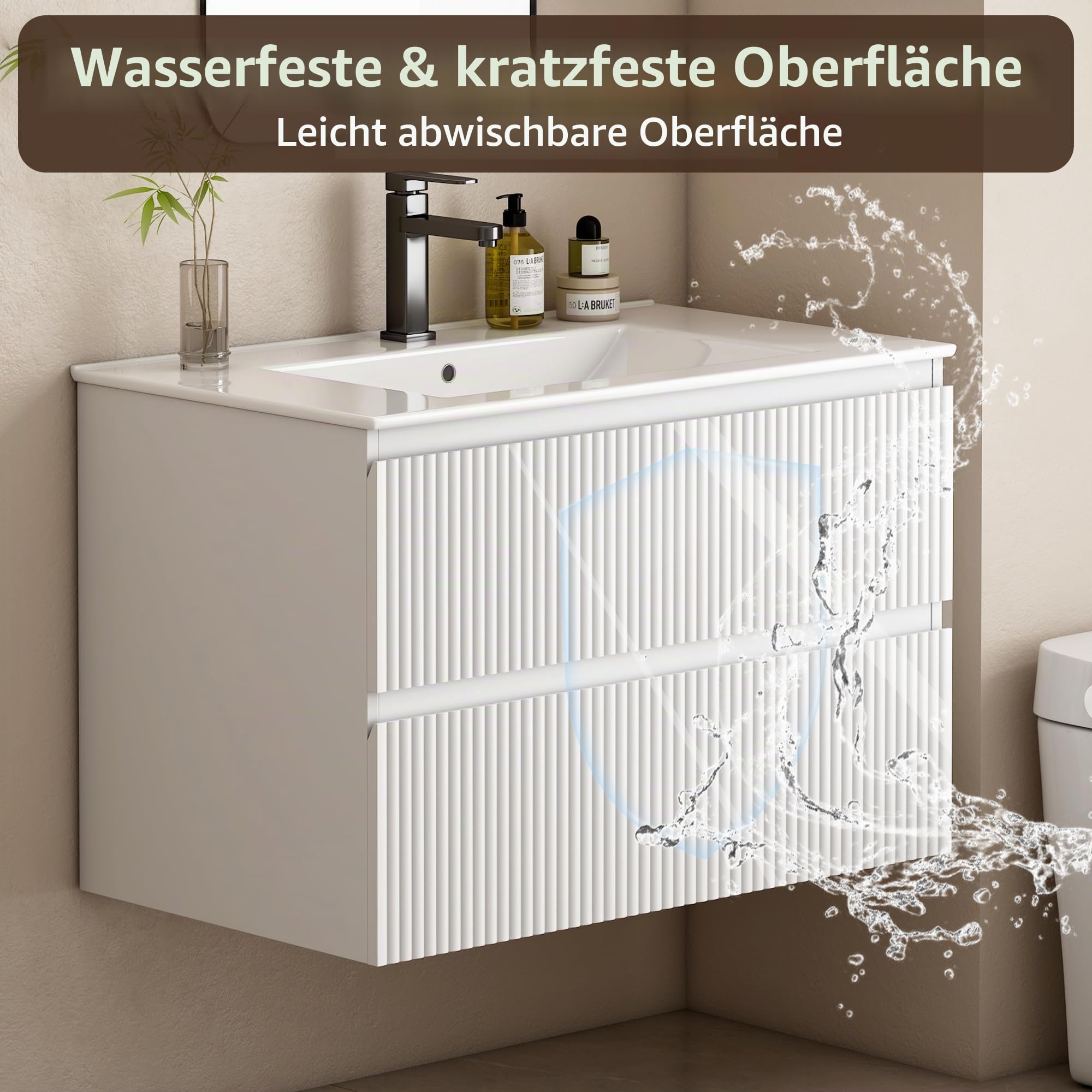 Waschtisch für Gäste-WC 60 cm, Hängender Waschbeckenunterschrank mit Keramik-Waschbecken, 2 Schubladen mit Rillenfront für kleine Bäder, Weiß