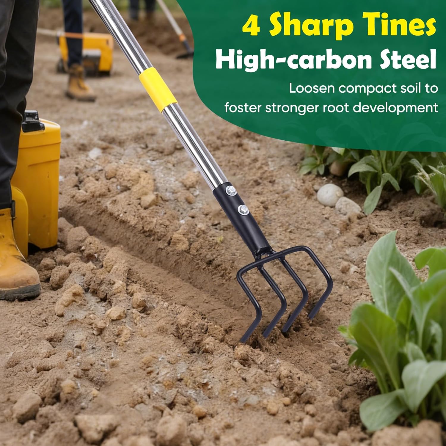 Garden Hand Tiller Cultivator, 4-Tine Adjustable Long Handle, Heavy Duty Weeding Tool for Raised Beds, Rust-Resistant Soil Loosener for Flower & Vegetable Gardens