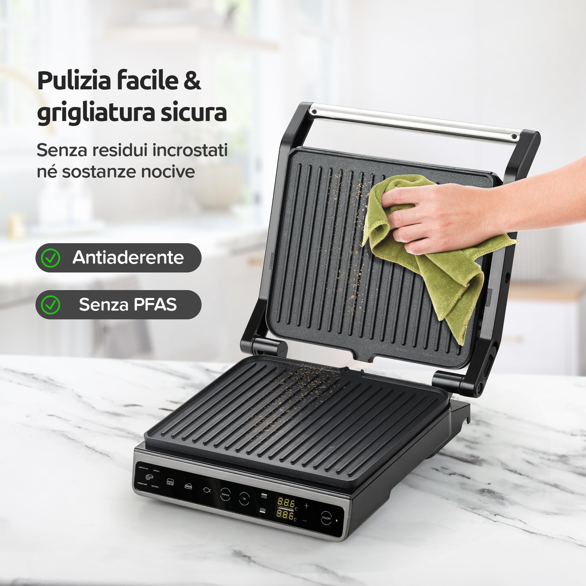 Olvy Piastra Grill con Touchscreen - Senza PFAS - 7 Programmi Automatici - Apertura 180° 1800W - Piastre Antiaderenti - Termostato & Timer - Piastra Panini & Tostiera in Acciaio Inox