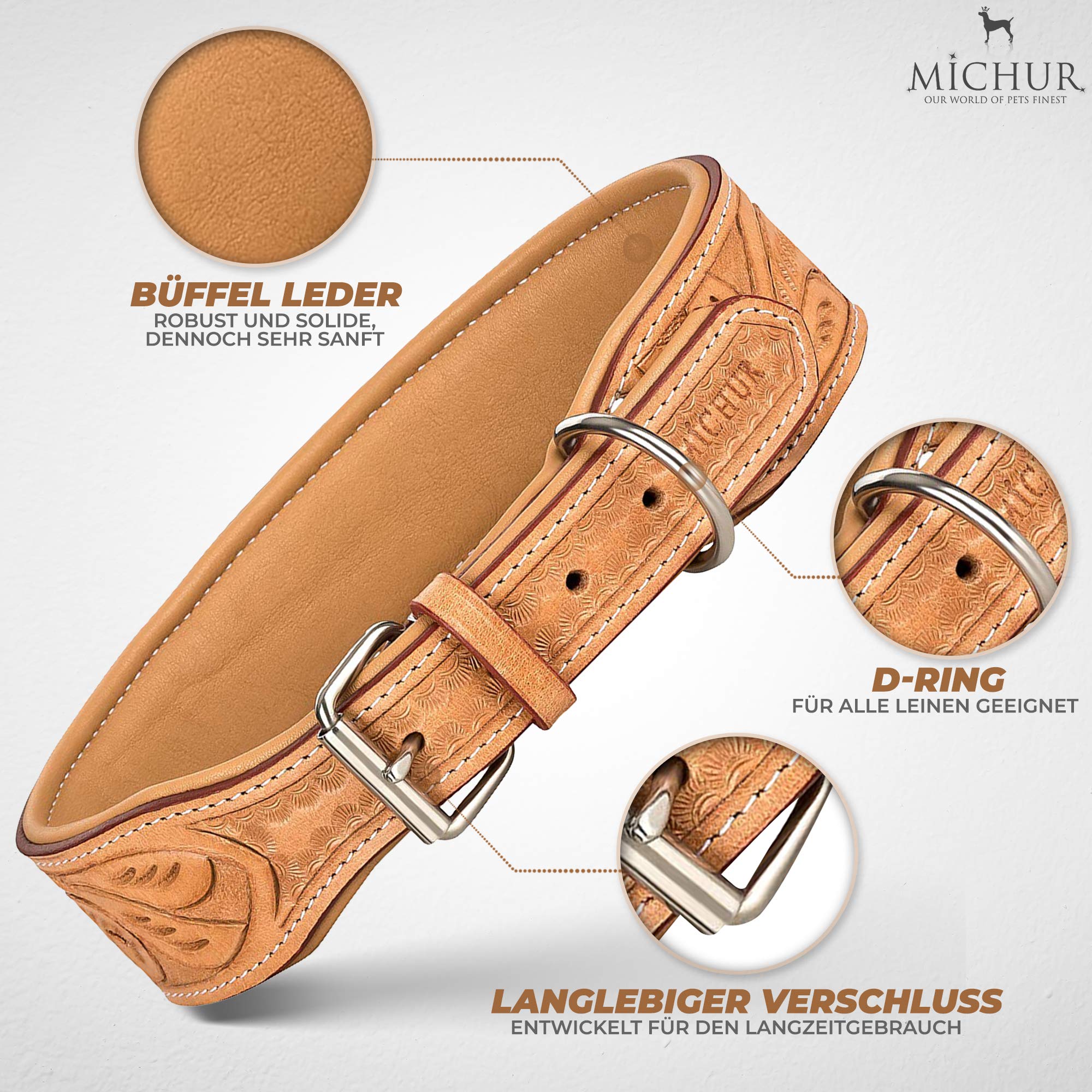 MICHUR Felipe Hundehalsband Leder, Caramel Beige, mit Stanzungen | Lederhalsband, Beige, Halsband, Leder, Hund, In verschiedenen Größen erhältlich