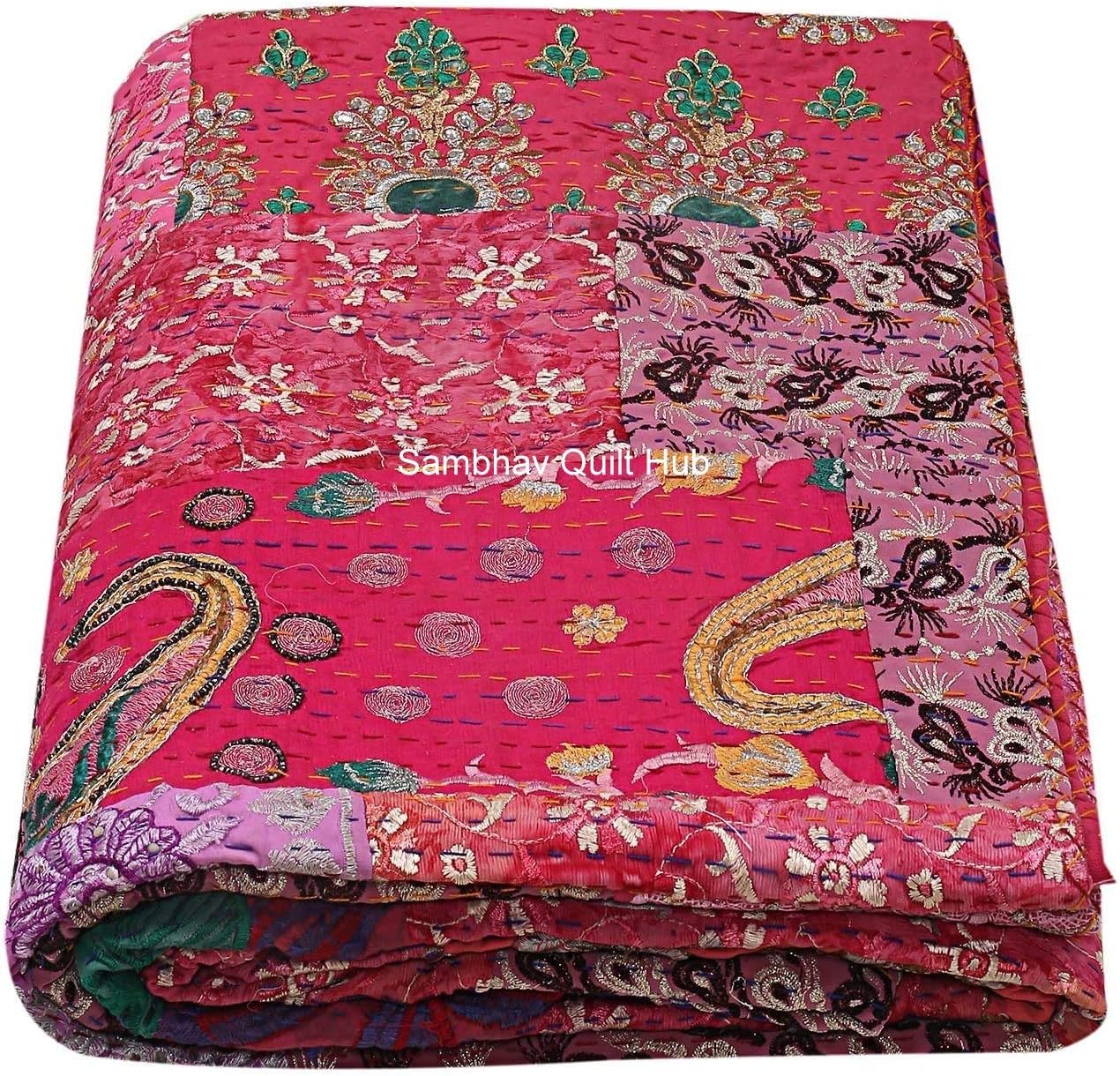 Pink Vintage Khambadiya Print Hand Patchwork Decor Queen/King Size Embroidery Kantha Quilt Home Decorative Khambadiya Kantha Quilt Kantha Bedspread Indian Blanket Quilt with 2 Pillows Cover