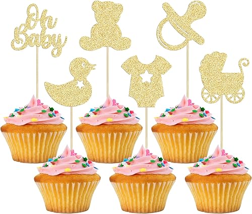 Gyufise 36 piezas Oh Baby Cupcake Toppers Glitter Bear Chupete Baby Carro de Bebé Cupcake Picks Oh Baby Reveal Decoración de Pastel para Baby Shower