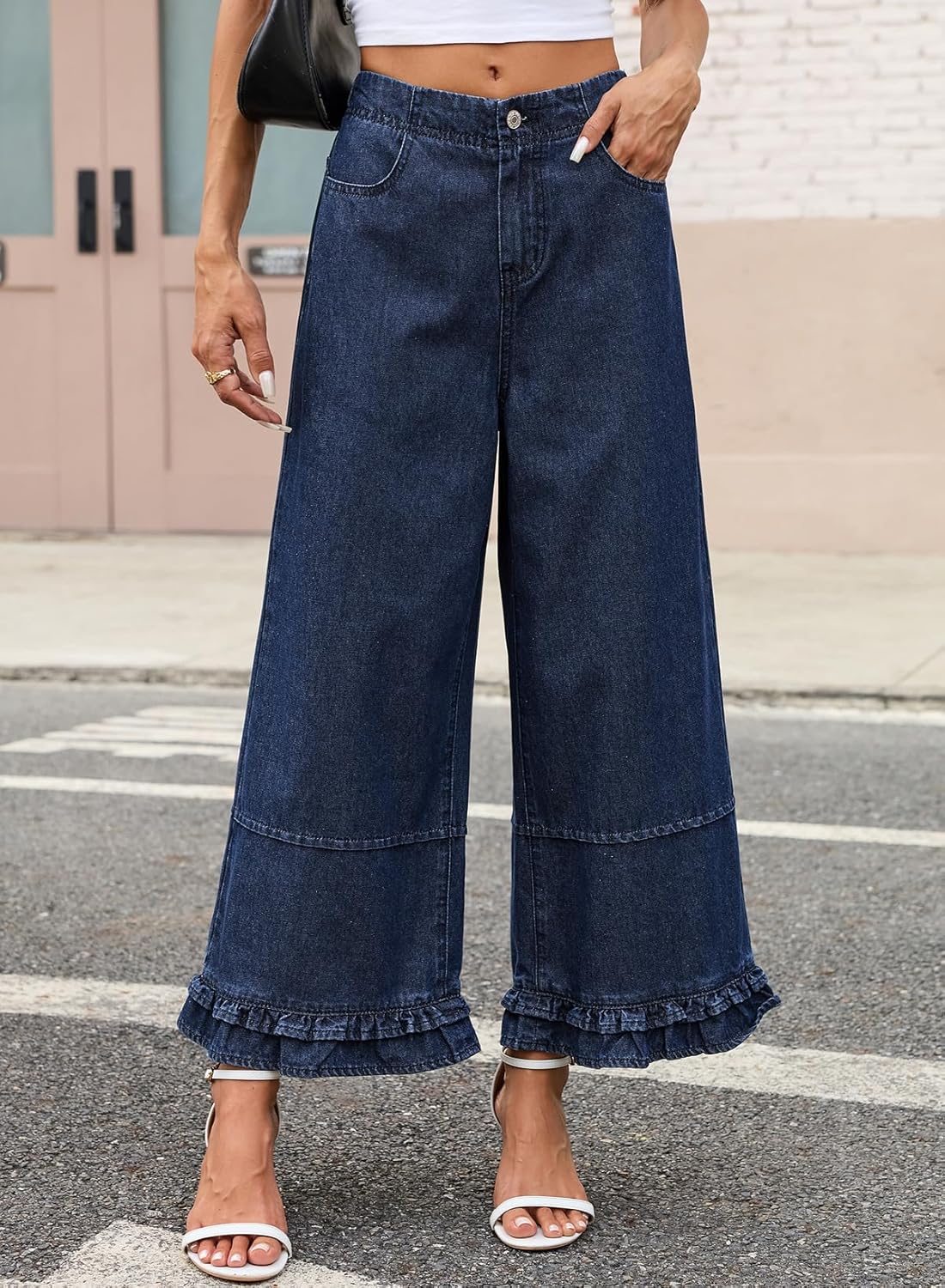 EVALESS Womens Wide Leg Jeans 2026 Trendy Mid-Rise Cropped Baggy Jeans Loose Fit Cute Ruffle Hem Trouser Denim Pants - Image 2