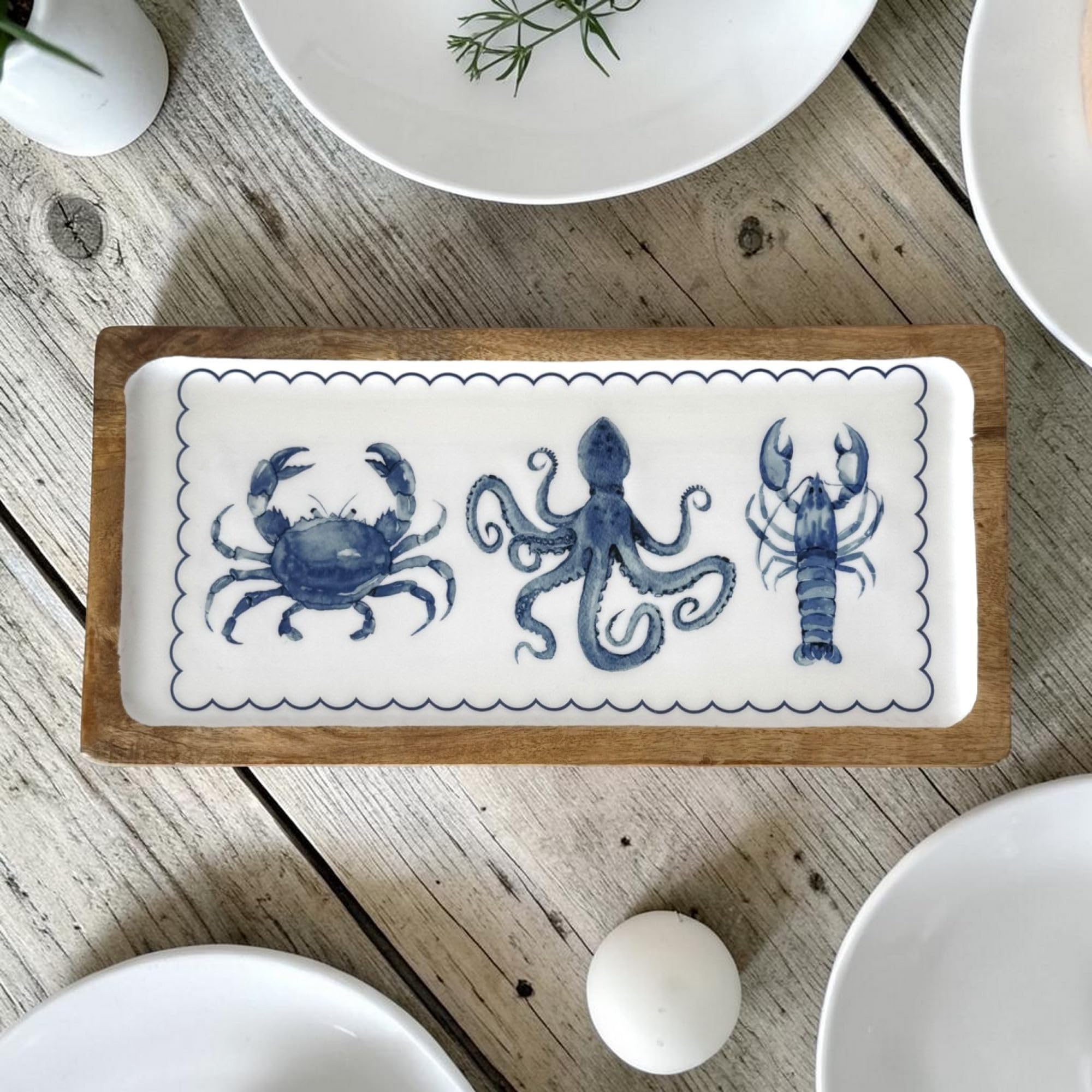 Pf+A Blue & White Rectangular Enamel And Wood Serving Tray, Nautical Crab Octopus Lobster Design, Blue And White, 40Cm