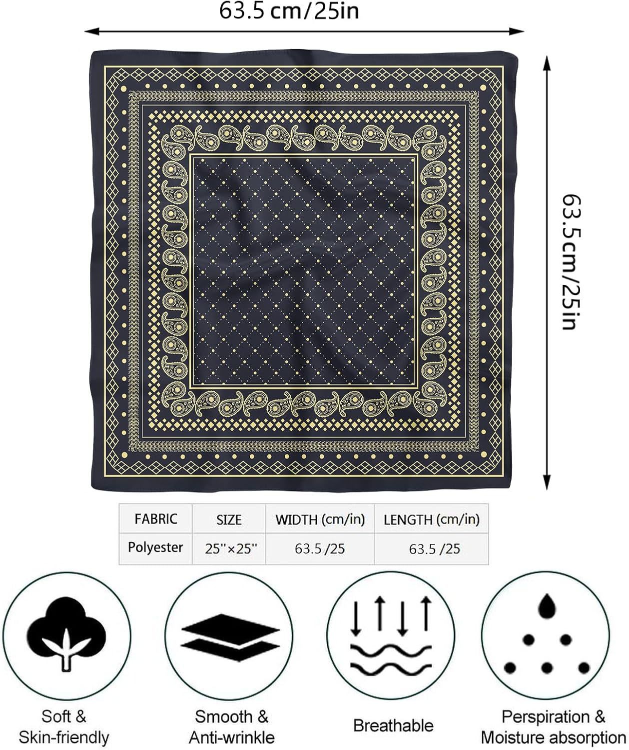 Vintage Square Scarf for Men Satin Bandana 25 Inch Retro Pattern Neckerchief Fashion Head Scarf Accessory Gift