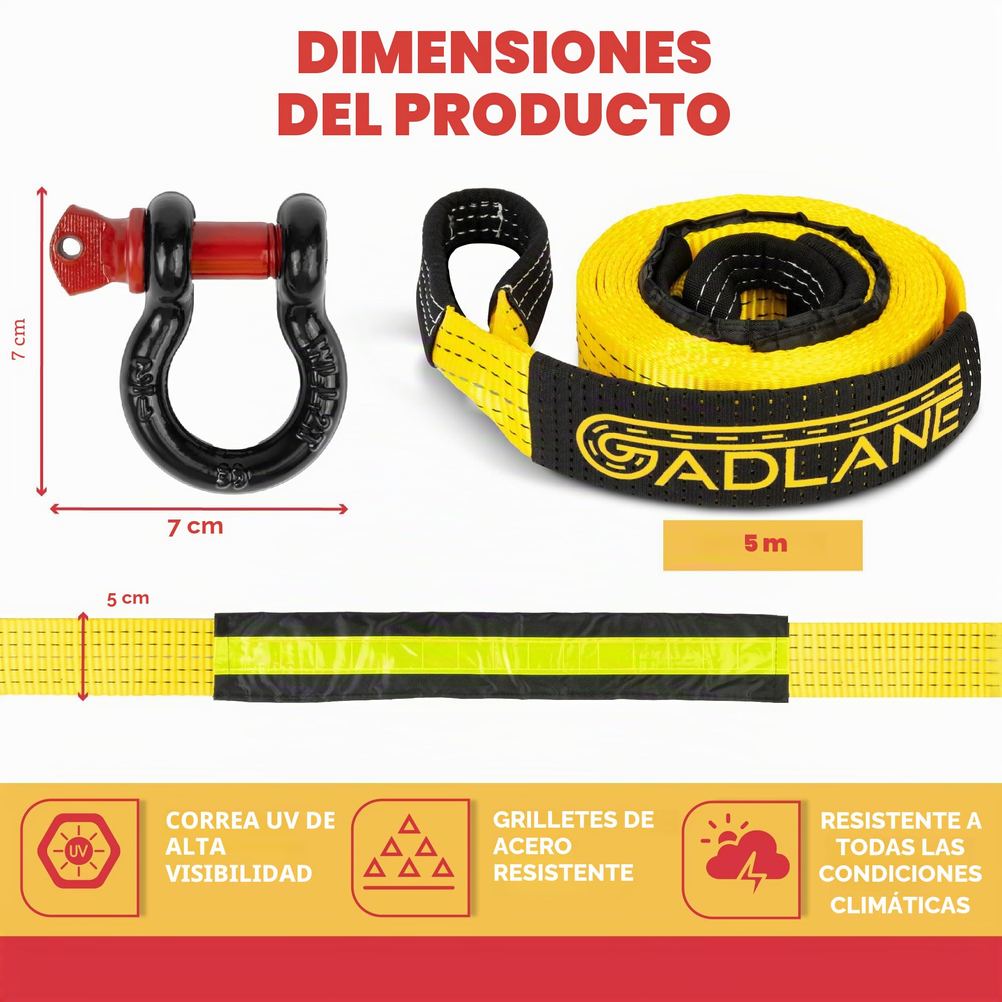 GADLANE Cuerda de remolque de alta visibilidad, 5 m, capacidad 10 toneladas, con bolsa y guantes, color: amarillo