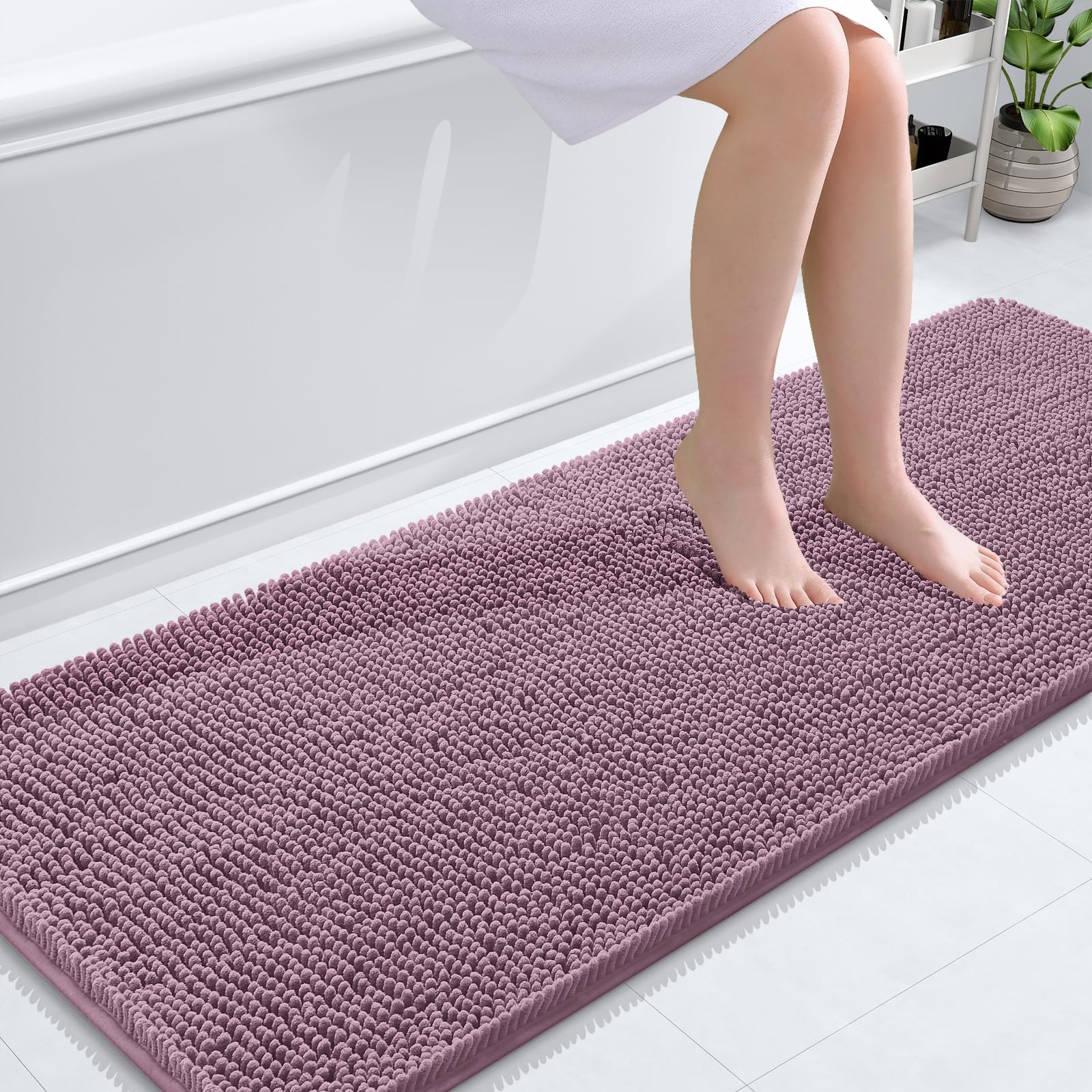 OLANLY Bathroom Runner Rugs 59x24, Extra Soft Absorbent Chenille Bath Rugs | Deep Plum, Quick-Drying Rubber Backing, Washable Long Bath Mat for Bathroom Floor, Tub and Shower, Home Decor Accessories