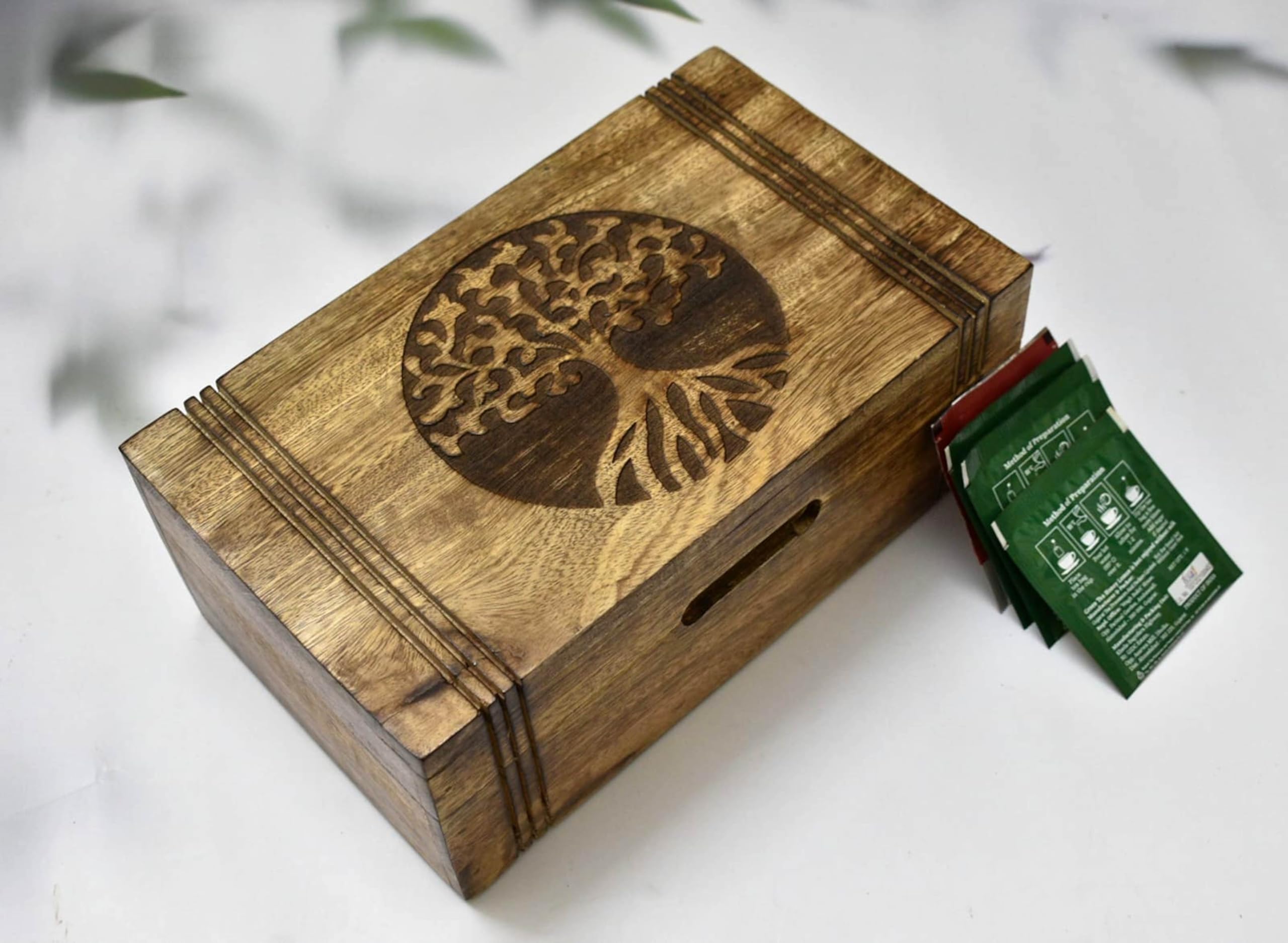 Teebox aus Holz – Teebox für Teebeutel Organizer – Gravierte Teetruhe aus Hartholz mit 6 Fächern – Tee-Aufbewahrungsbox Multifunktional – Holz Teebox Organizer – 25,4 x 15,2 cm (6 Fächer)