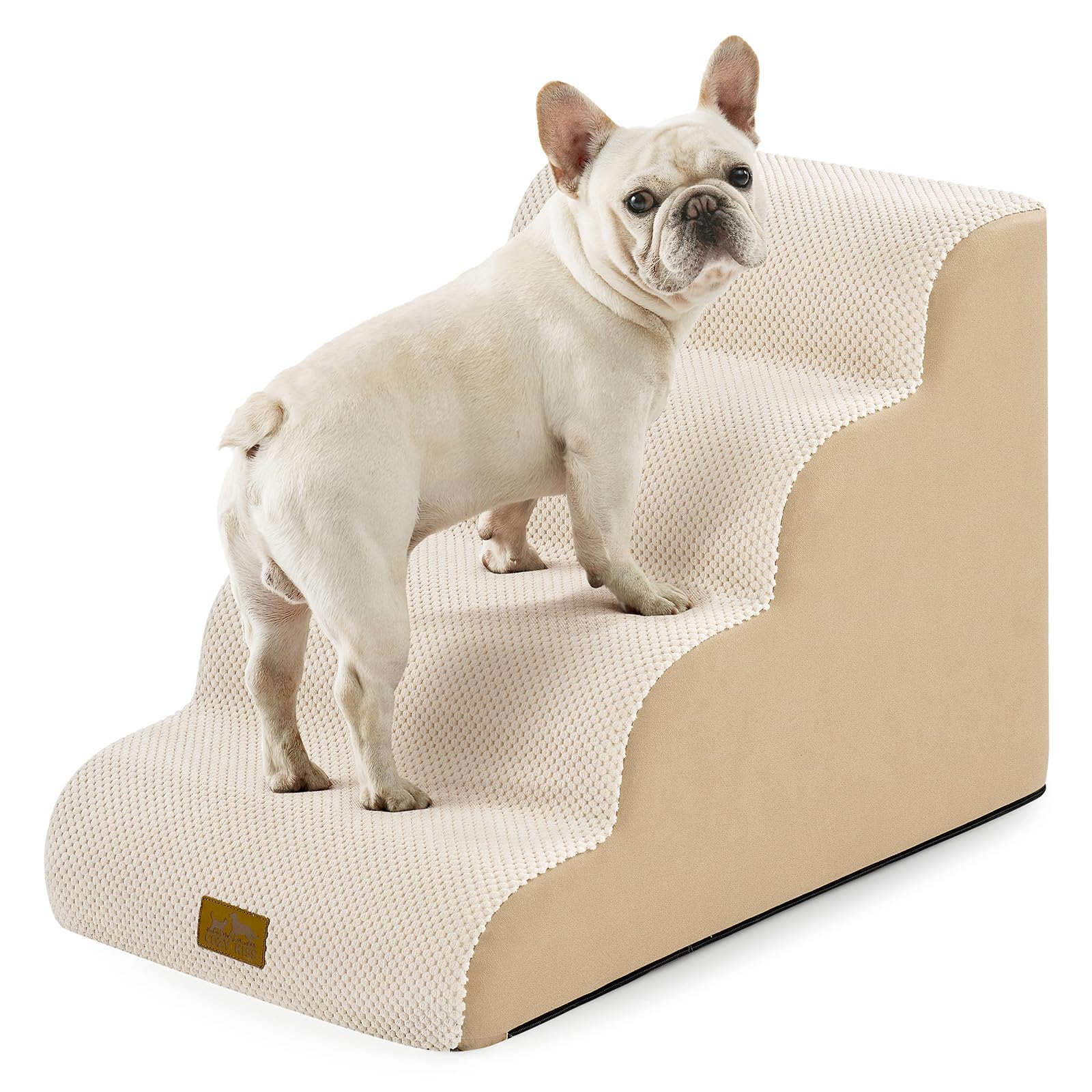 COZY KISS Dog Stairs for Small Dogs 19.7" H, Curved Dog Step for Puppy, Older or Cat, Medium Pet Ramp for Sofa, Couch or Bed, Ladder with High Density Foam, 4 Step, 15.7x28.3x19.7 inch, Beige