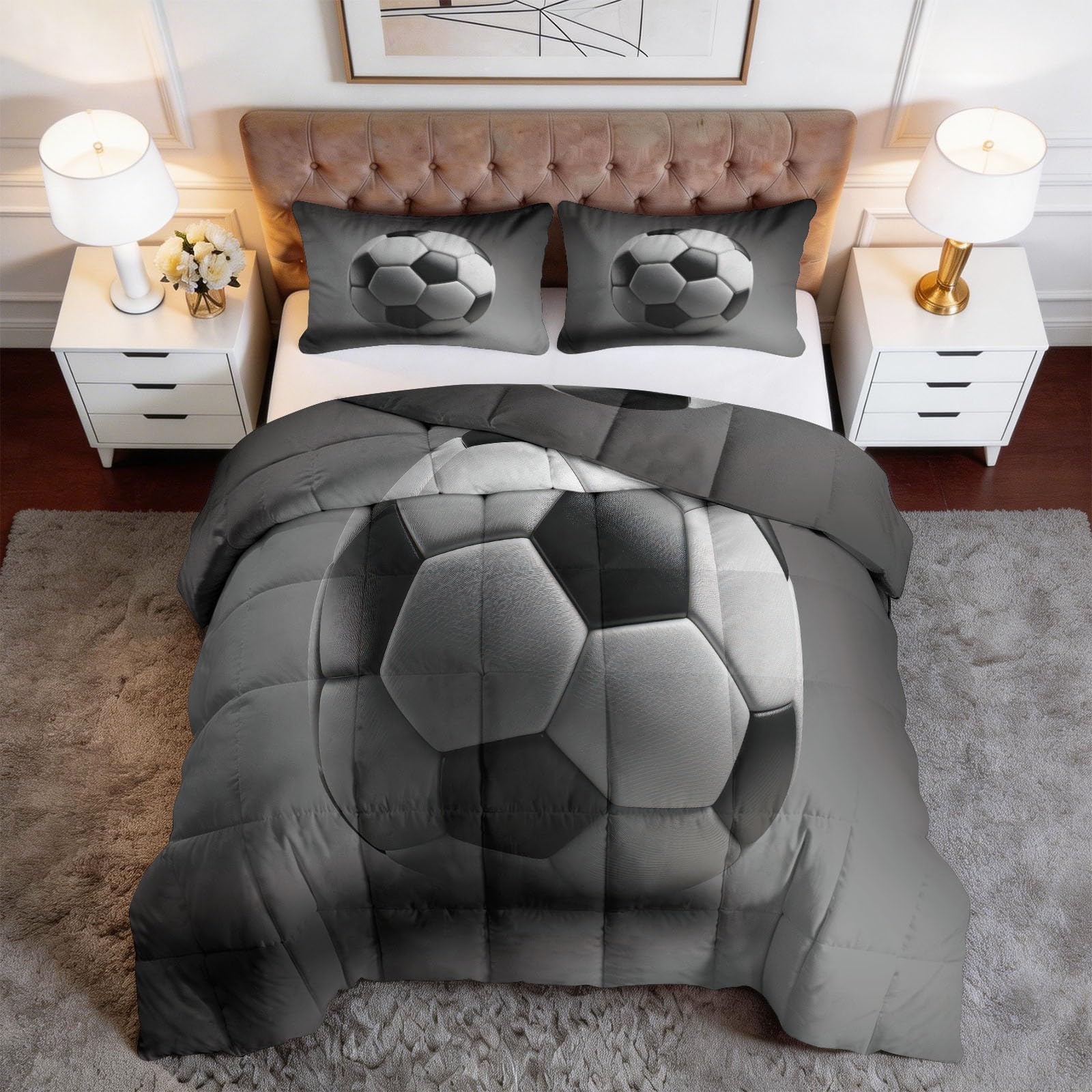 Generisch Grauer Fußball Bettdecke 220 x 240 cm 4 Jahreszeiten Steppdecke, Sport-Geometrie Waschbare Ganzjahresdecke Jungen Bettwaren Set Kinderzimmer Spielzimmer Bettdecke Ohne Bezug
