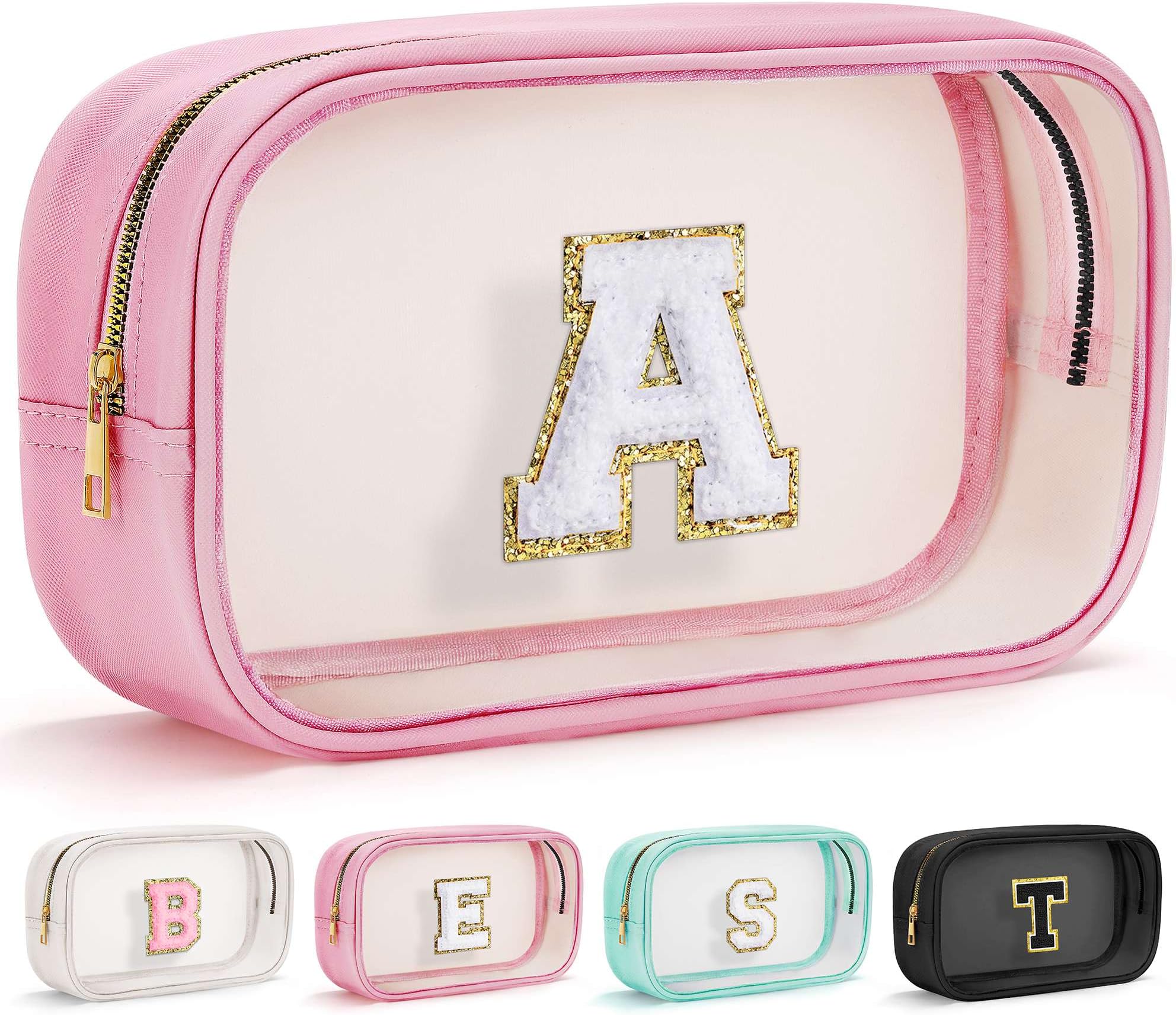 YOOLIFE Easter Basket Stuffers for Kids Initial Clear Makeup Bag Make Up Bags Travel Toiletry Bags Preppy Cosmetic Bag Organizer Travel Essentials Girlfriend Teacher Mom Birthday Gifts Pink A
