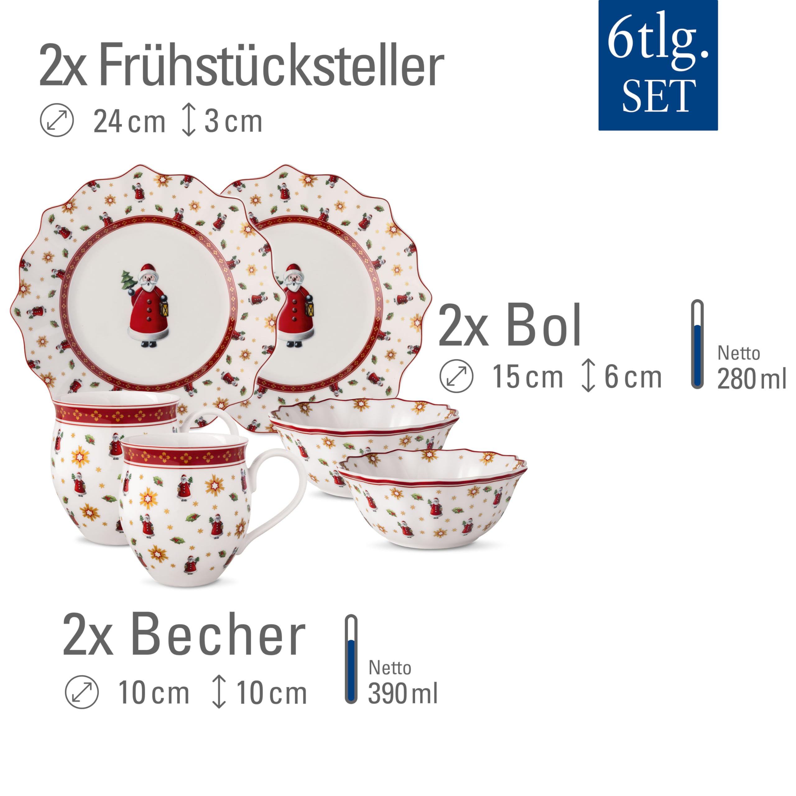 Villeroy & Boch - Toy's Delight Frühstücks-Set für 2 Santa 6 teilig Bunt, Weihnachten, Geschirr Set mit Frühstückstellern, Tassen und Schüsseln, Weihnachtsgeschirr, Premium Porzellan