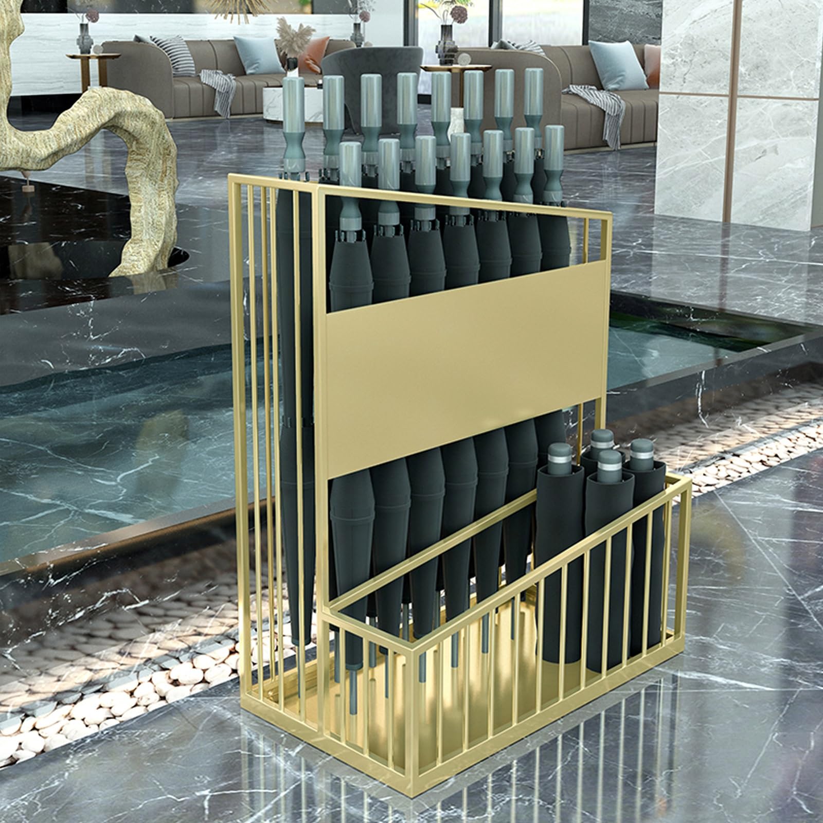 FCXWEVR Commercial Large Capacity Metal Umbrella Holder - Holds 20-30 Umbrellas Stylish Indoor Entryway Umbrella Stand for Hotels Offices & Homes (Gold Medium)