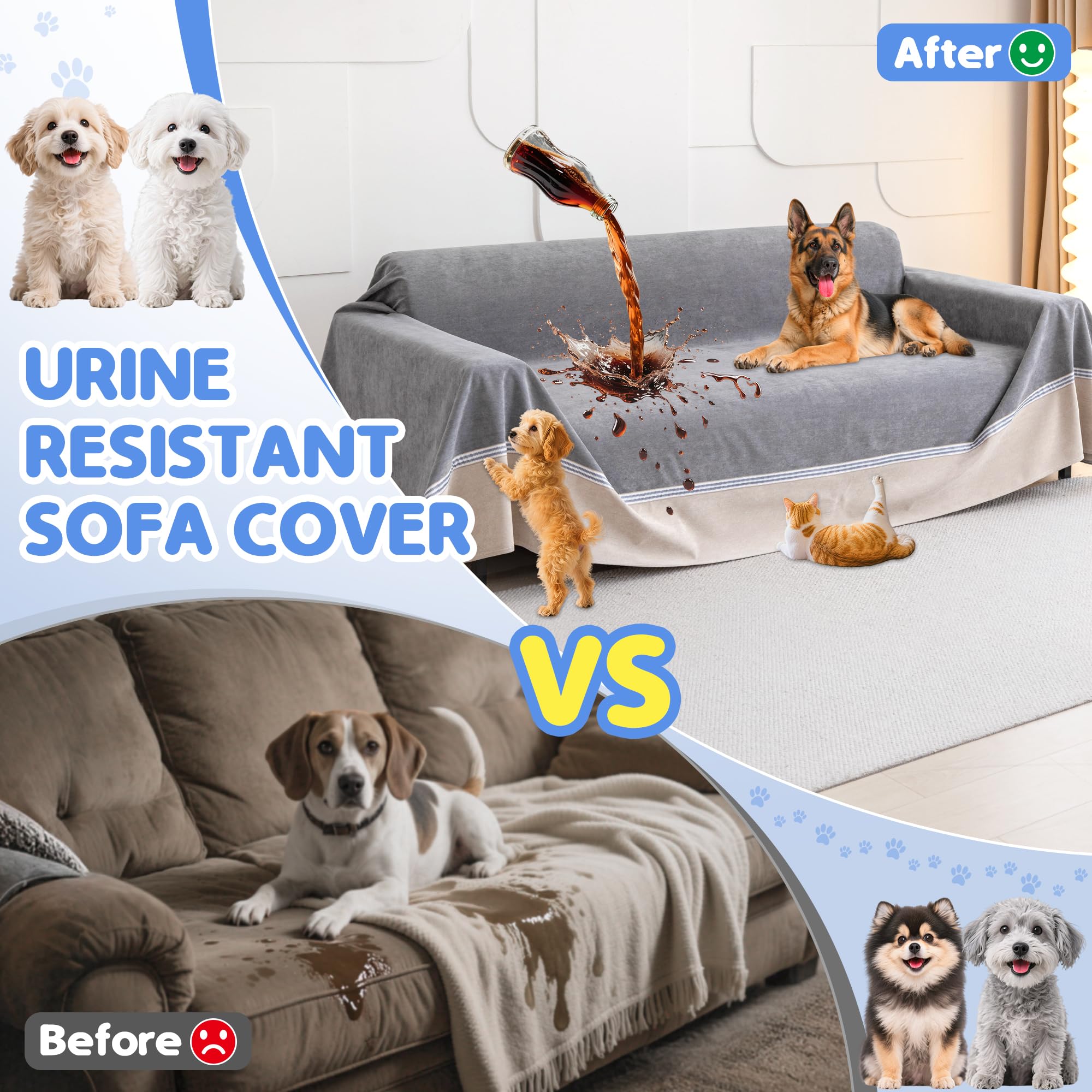 Loiion Cubre Sofas Grandes Antideslizante, 100% Fundas Impermeables Sofa, Cubre Sofa Chaise Longue para Perros, Fundas Antipelos para Gatos Arañazo y Perros Mascotas, Gris, 380x230cm