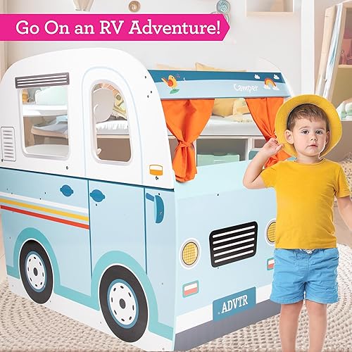 Miniatura 2 de Juego de juguete de madera con volante, cocina, estufa, horno, cama, almohada, ducha de simulación, cortinas, calcomanías personalizadas, interior