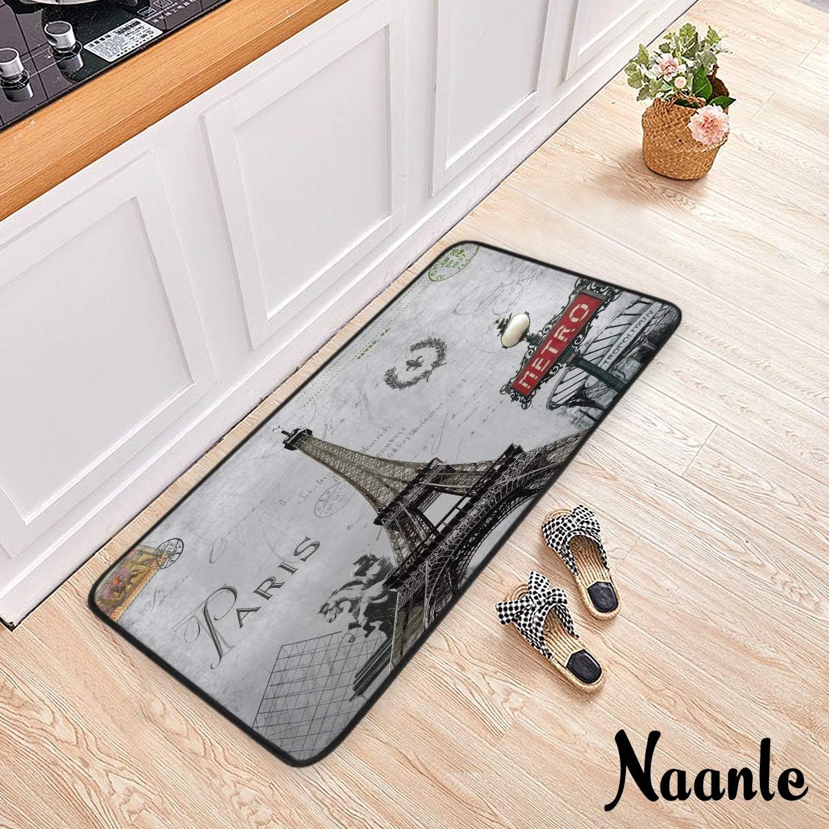 Naanle Eiffel Tower Anti Fatigue Kitchen Floor Mat, Retro Paris Non Slip Absorbent Comfort Standing Mat Kitchen Runner Rug for Hallway Entryway Bathroom Living Room Bedroom 39 x 20 Inches