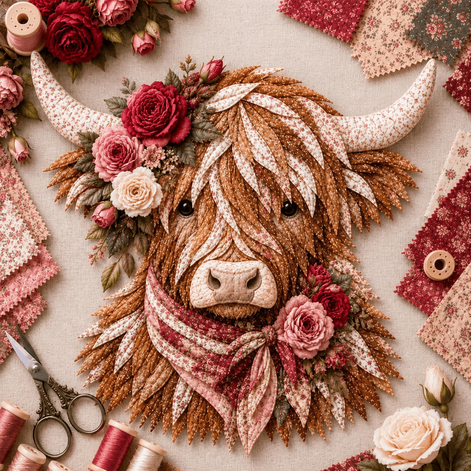 Birth Flower Highland Cow 3D Layered Fabric Art DIY Kit for Adults (T1PC)