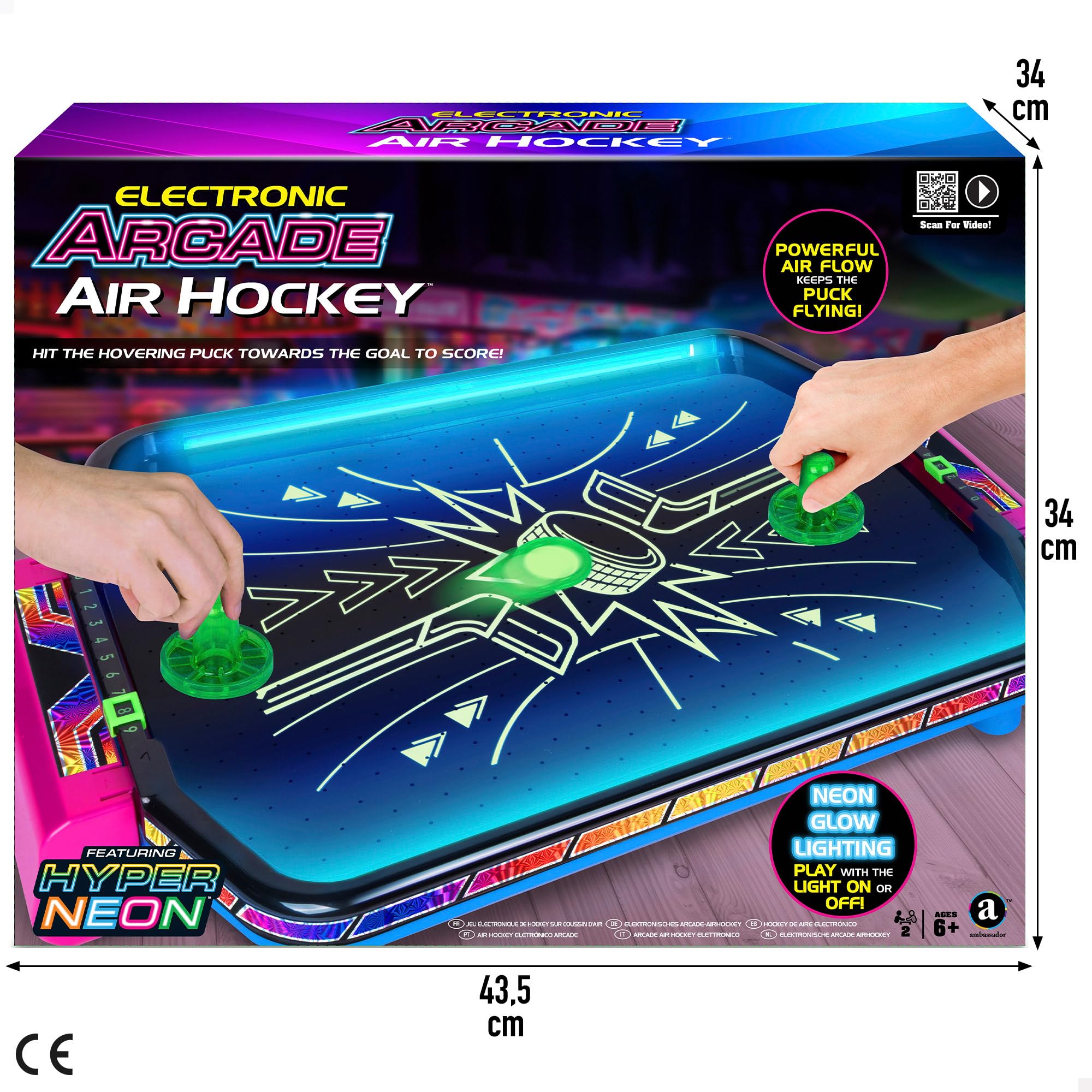 ColorBaby CB Games Air Hockey Neon da tavolo, struttura 40 cm, plastica resistente, 2 pale, 2 dischi, 2 giocatori, giochi da tavolo, giocattoli per bambini, divertimento in famiglia, +6 anni (39515)
