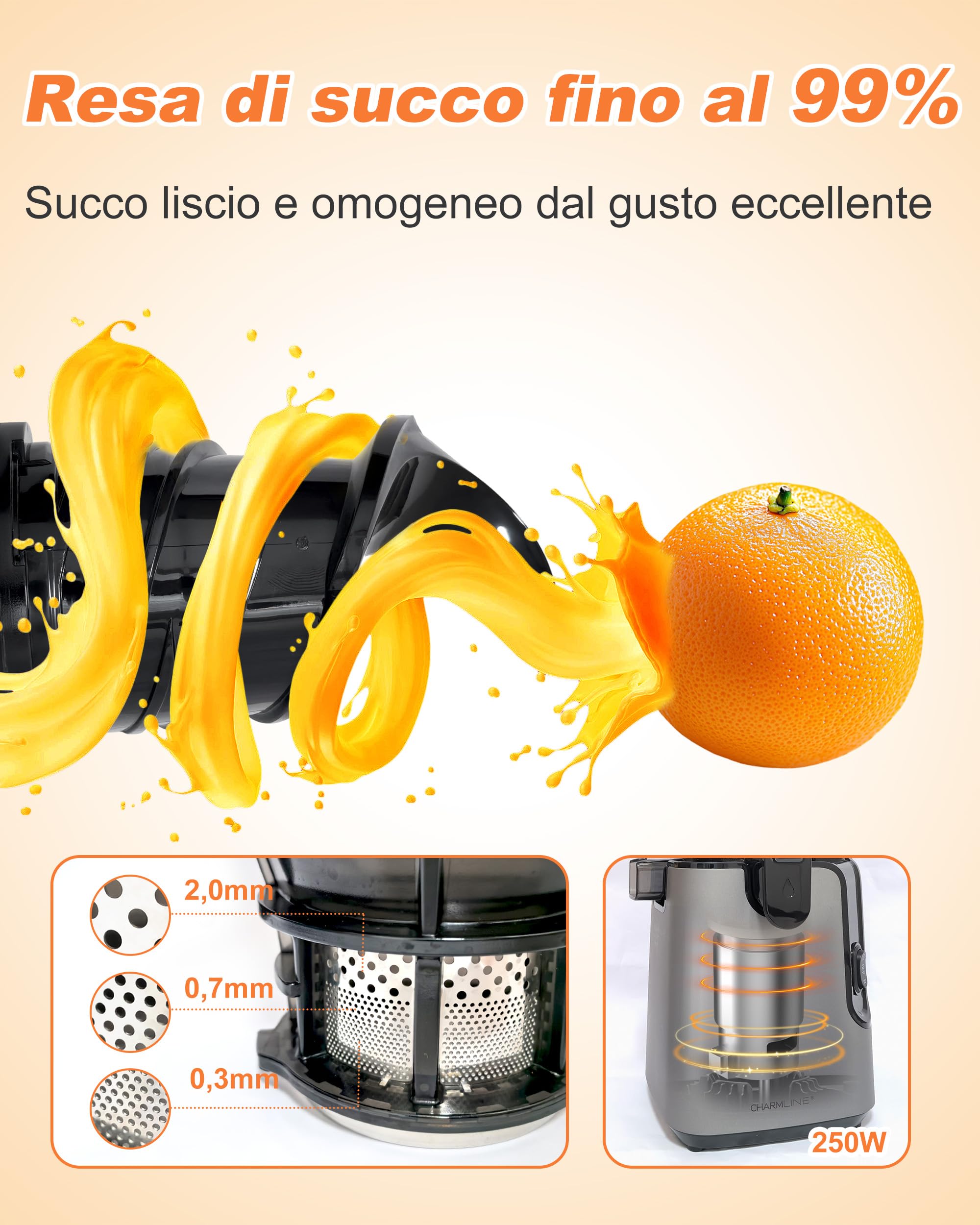 Charmline Estrattore Frutta e Verdura a Freddo, Bocca Larga 130mm, Facile da Pulire, 1,8L Capacità, Slow Juicer Elettrico per Succhi di Frutta e Verdura