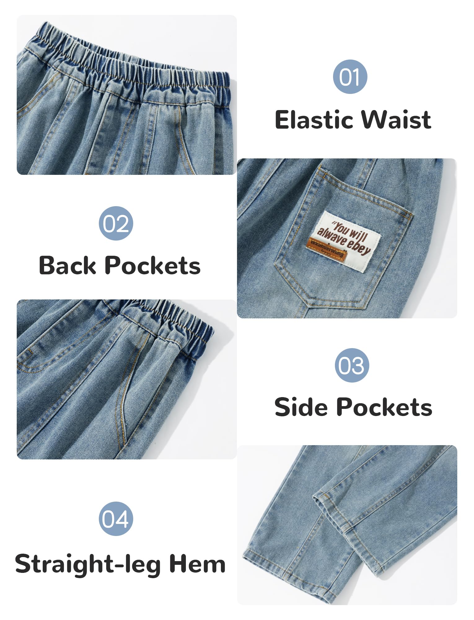 Jeans Baggy Niños Pantalones de Denim de Corte Recto Pantalones Vaqueros Cintura Elástica Vaqueros Corte Recto 5-14 Años