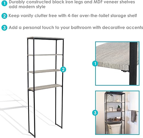 Miniatura 4 de Sunnydaze Estante de 4 niveles sobre el inodoro de 69 pulgadas, estantes abiertos, acabado de chapa y marco de hierro negro, gris roble