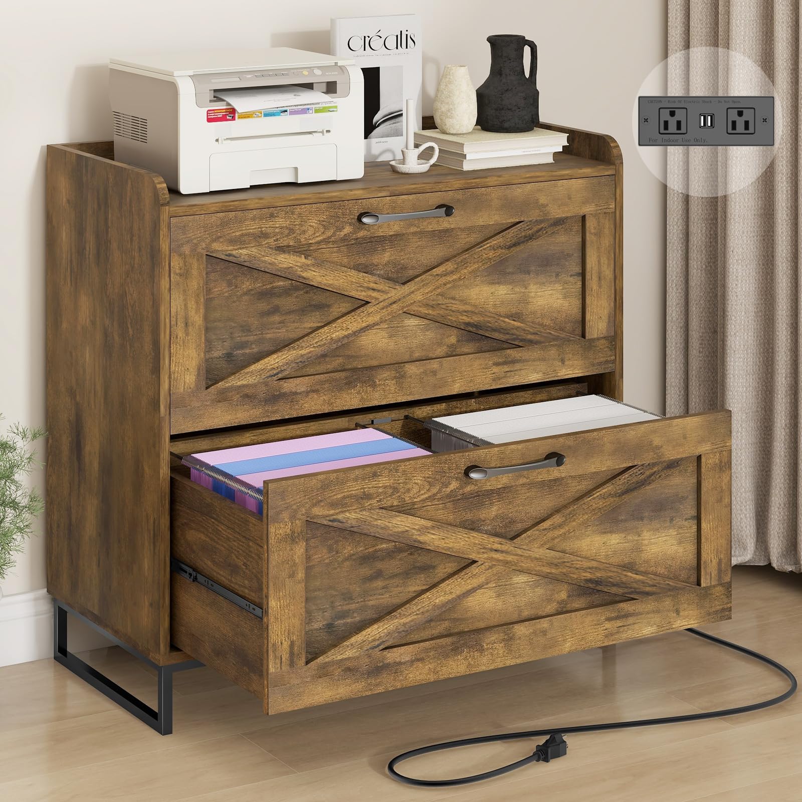 Halitaa File Cabinet 2 Drawers Lateral File Cabinet with Charging Station for Letter/Legal/A4 Size Hanging Files, Large Wood File Storage Cabinets