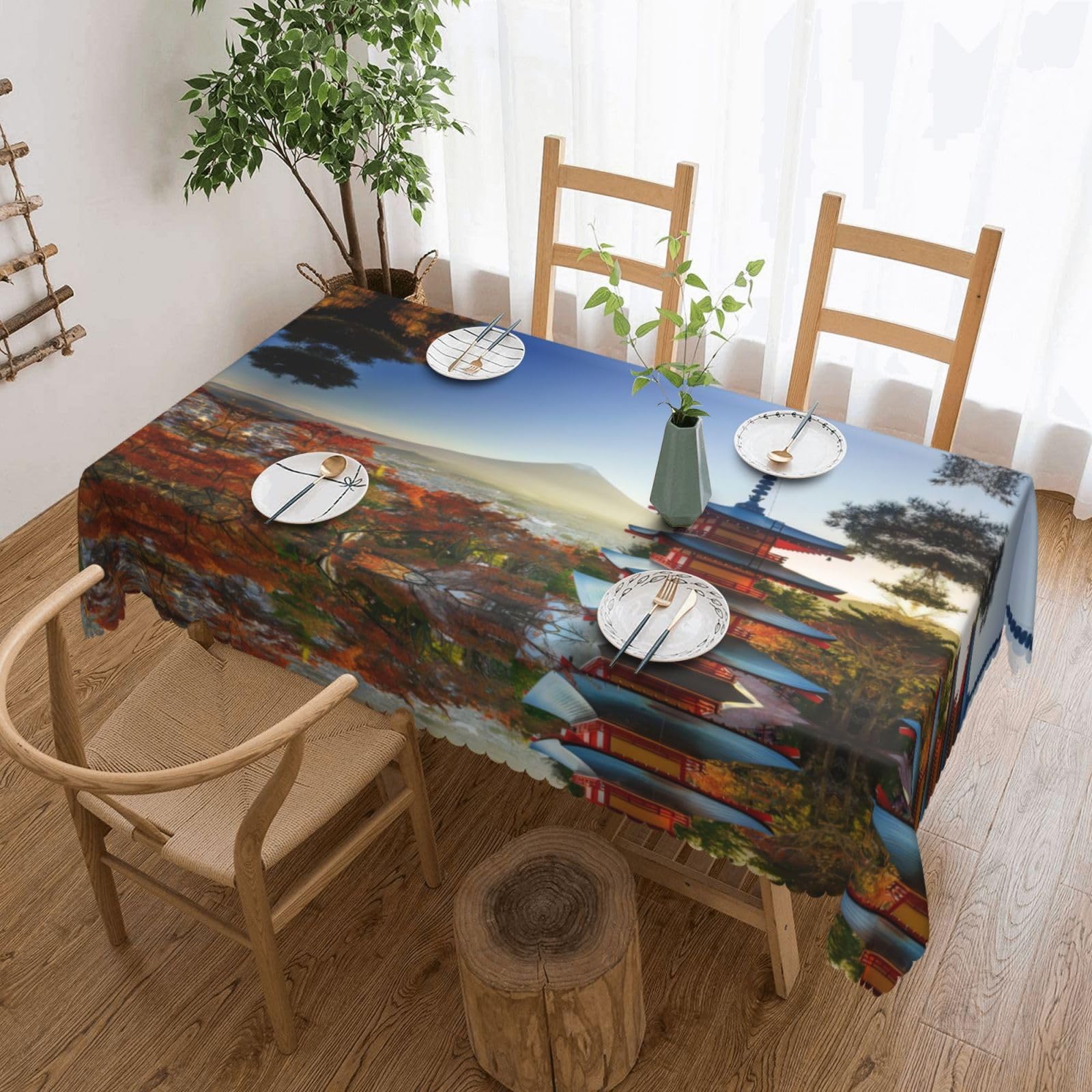 HLSBSSL Japan Mount Fuji Landscape Patterned square lace tablecloth, wrinkle-resistant and durable, suitable for dining tables, parties, etc.