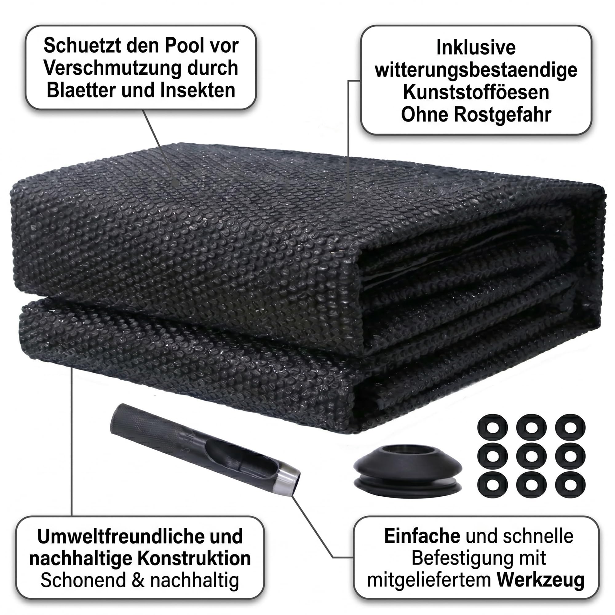Mucola Solarfolie Pool rund Ø 457 cm Schwarz inkl. 10 Ösen & Werkzeug | Poolabdeckung Solarplane Pool Abdeckplane PVC PE-Folie Luftkammern 120 My | Wärmefolie Poolfolie Solarheizung zuschneidbar