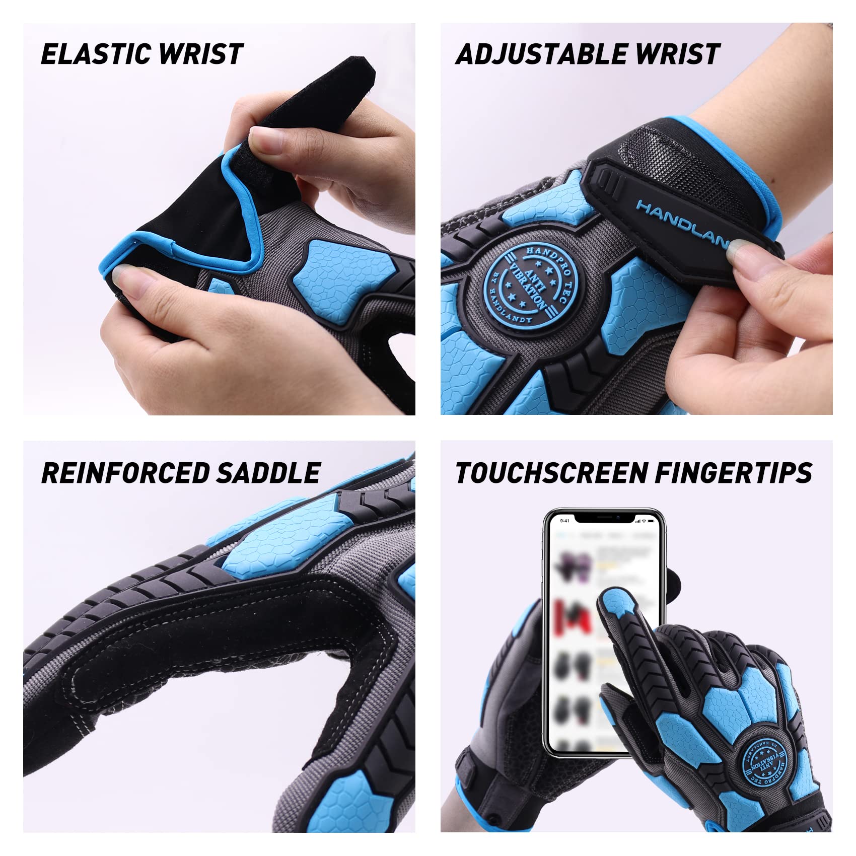HANDLANDY Anti Vibration Gloves Men Impact Resistant Work Gloves, Padded Palm Grip Heavy Duty Working Gloves (Blue, M) - Image 4