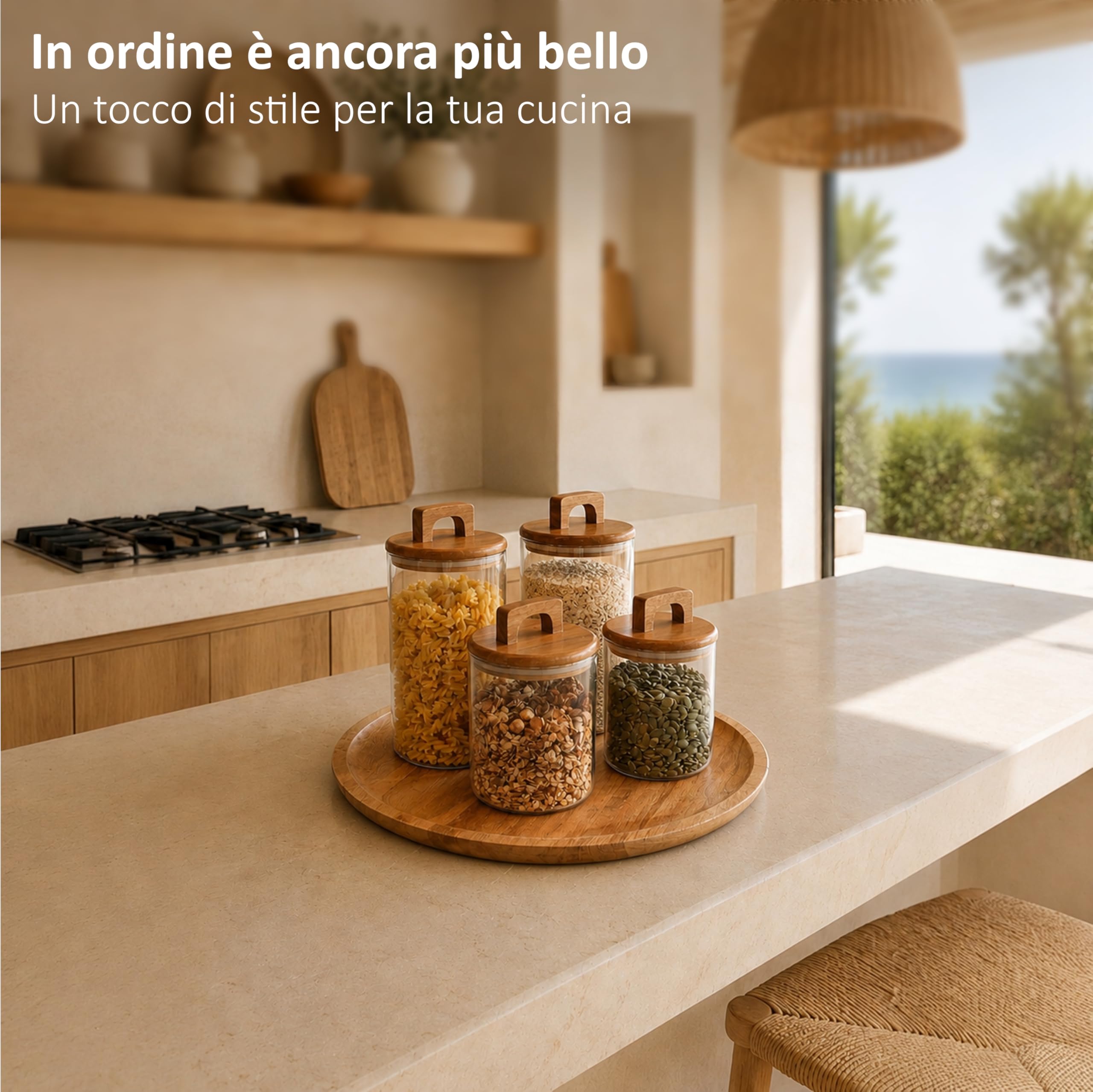 Barattoli vetro con coperchio in acacia – Set da 4 contenitori ermetici per alimenti 1000 ml & 1600 ml – Barattoli cucina per pasta, caffè, riso e dispensa cucina