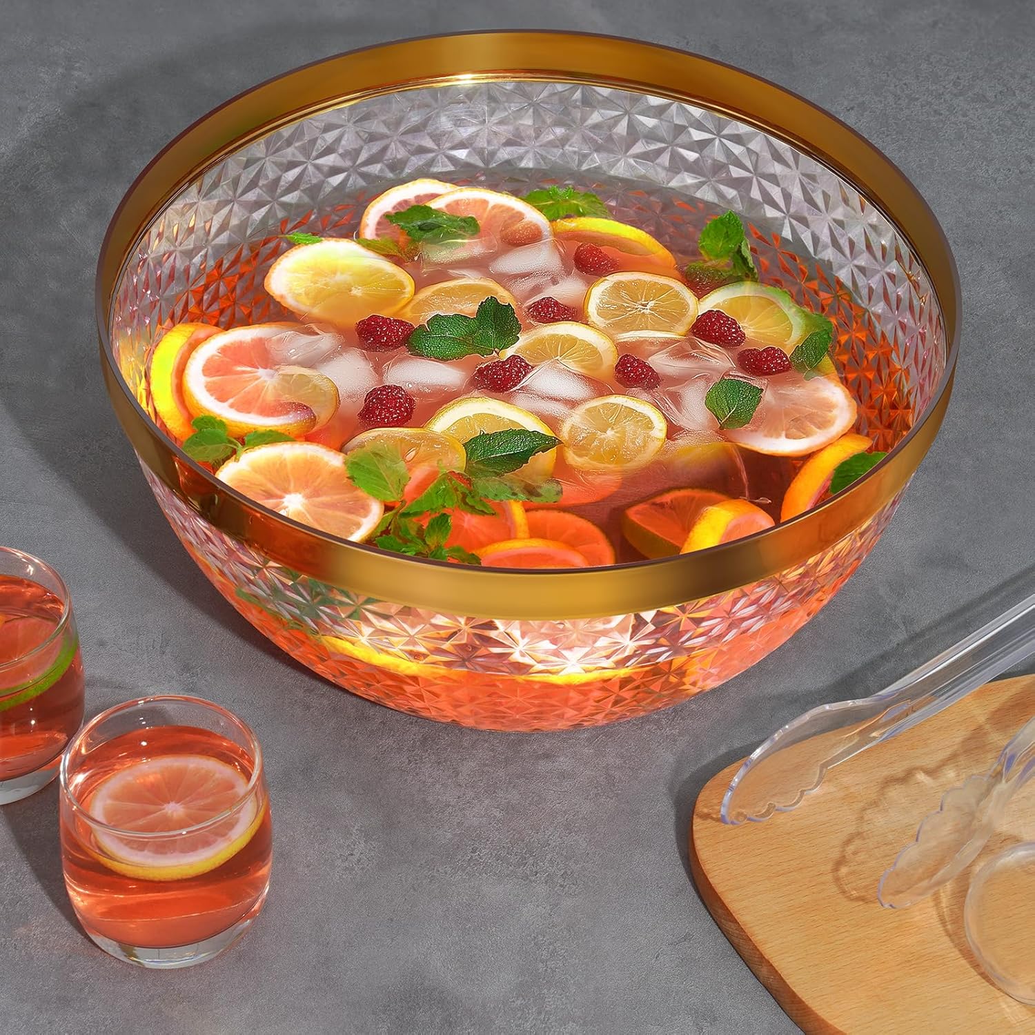 NiHome Plastic Punch Bowl with Ladle and Tong for Parties, Weddings, BBQs, 1.4 Gallon Gold Trim Clear Beverage Serving Bowl Complete Set for Cocktails, Salads, Snacks, Easy to Clean - Image 2
