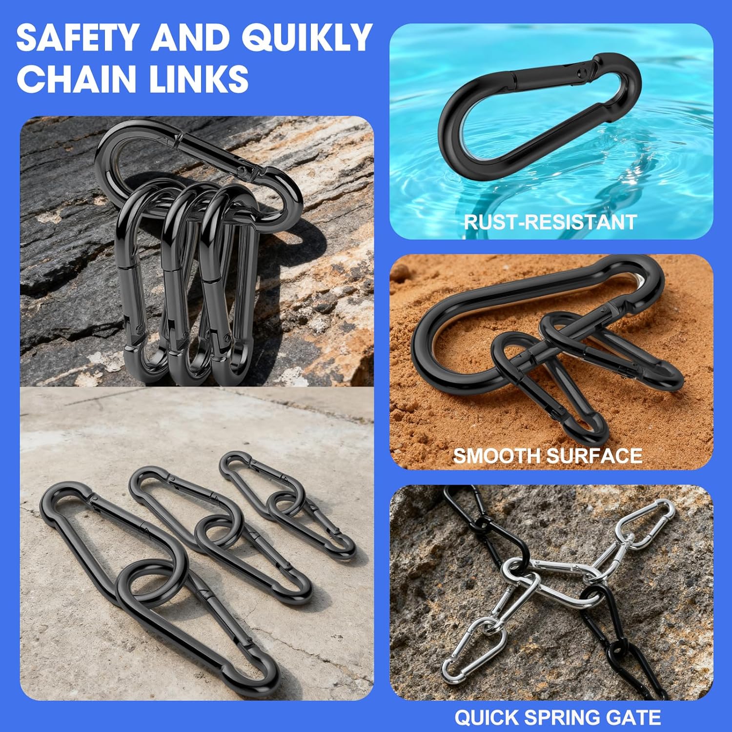 30Pack Carabiner Clips Heavy Duty, 4” Large Spring Snap Hooks Bulk, Galvanized Black 3/8” Carabiners for Camping, Solid Spring Clips for Home Gym Hanging Hammocks Swing Hiking-1100lbs Holding Capacity - Image 4