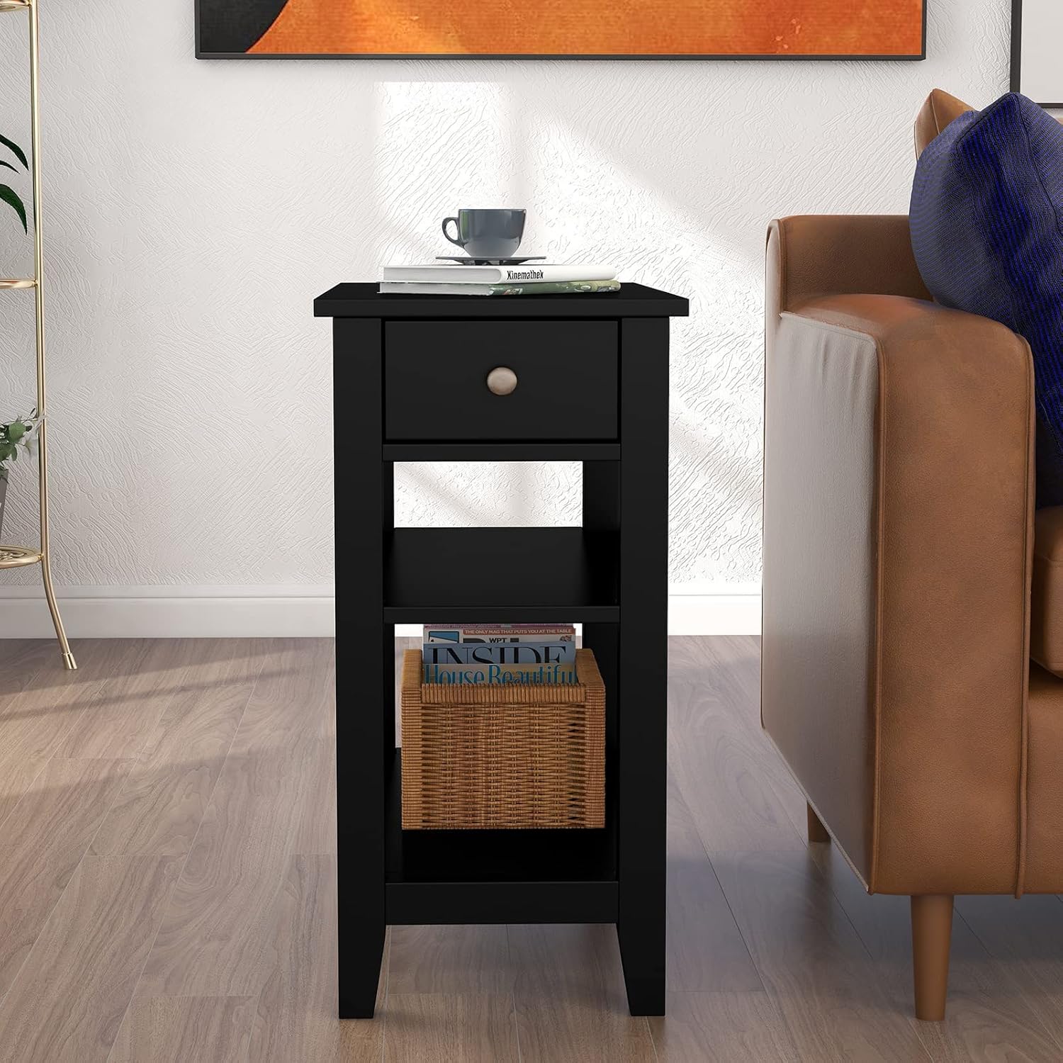 ChooChoo Side Table Living Room, Narrow End Table with Drawer and Shelf, 3-Tier Sofa End Table for Small Space, Black : Home & Kitchen