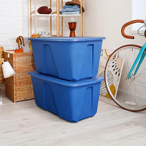 Miniatura 8 de HOMZ Contenedor de plástico apilable estándar grande de 32 galones con tapa a presión segura para organización del hogar, color azul, (paquete de 2)