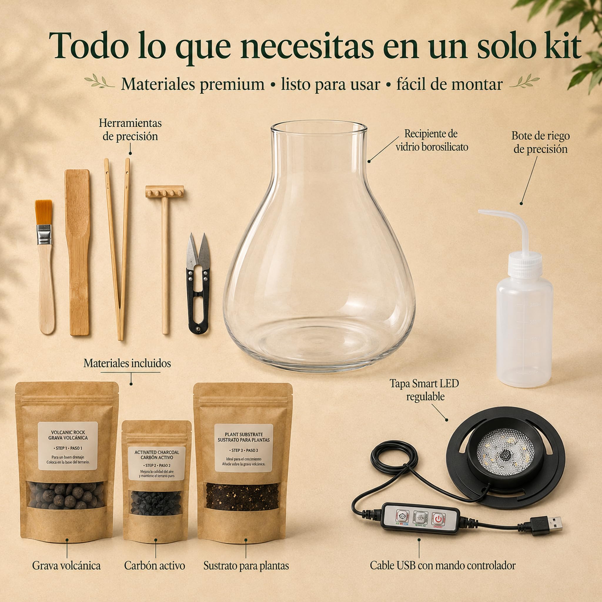 Kit Terrario XL Completo con Luz Smart LED para Jardín Eterno | Kit XL con recipiente 4L, luz Smart LED, herramientas, sustrato, grava, carbón activo y bote de riego antisalpicaduras