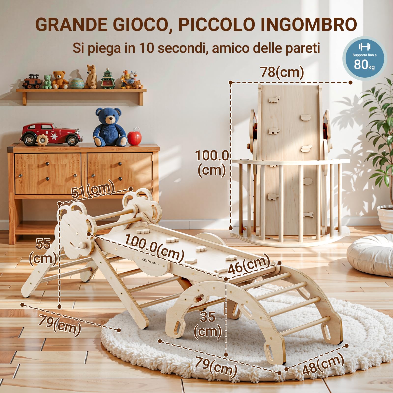 COSYLAND Triangolo di Pikler Regolabile 3 Livelli con Scivolo 8 in 1 per Bambini 18M-6Y Naturale