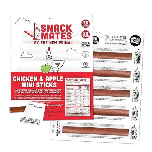 The New Primal Snack Mates - Palitos de pollo y manzana, aperitivos saludables sin gluten para niños, aperitivos bajos en azúcar y alto en proteínas