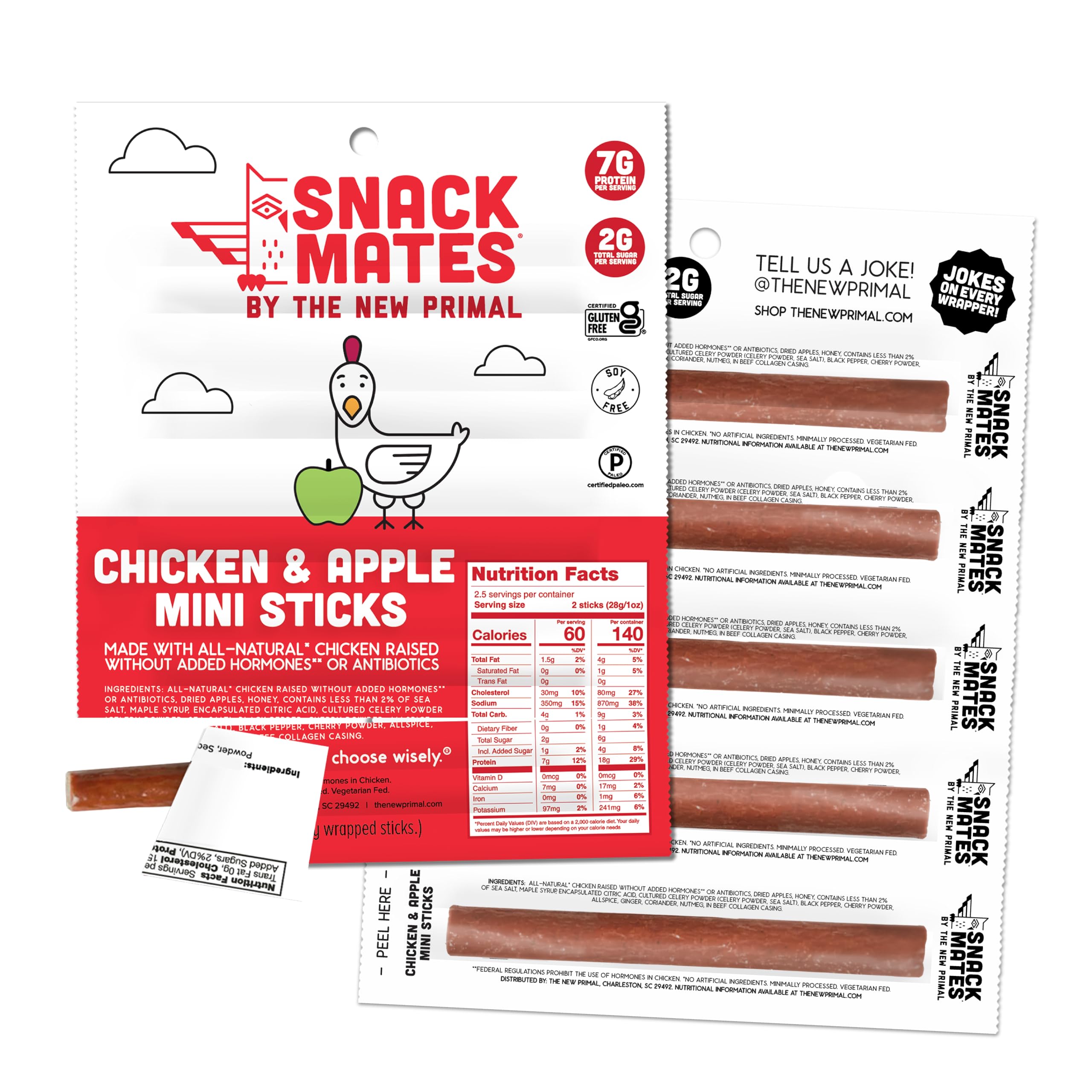 New Primal Snack Mates Chicken & Apple Sticks, Gluten Free Healthy Snacks for Kids, Low Sugar High Protein Back to School Snacks, Mini Paleo Jerky Meat Stick, 7g Protein, 60 Calories, 0.5 Ounce (10 Pack)
