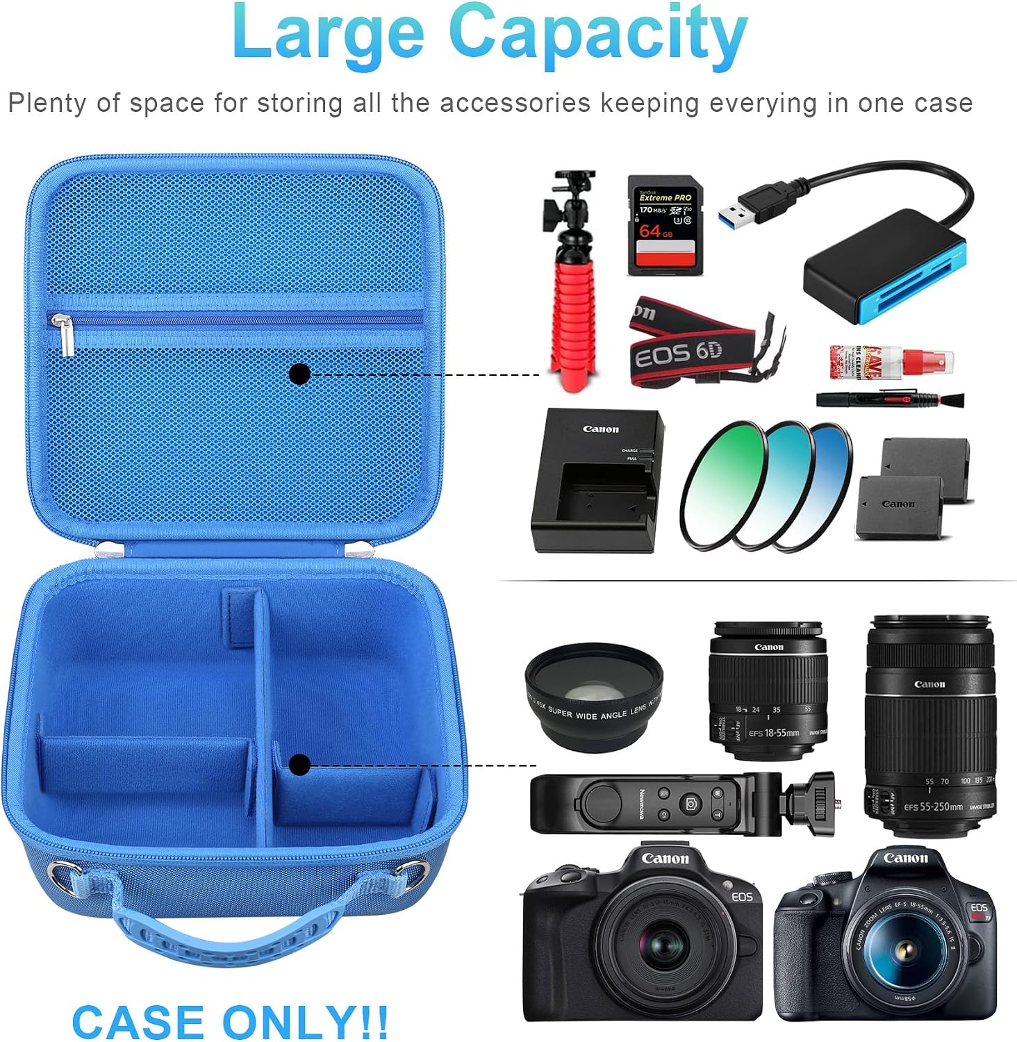 BOVKE Travel Camera Case for Canon EOS Rebel T7/R50/R6 Mark II/R100/R50 V/T6/R8/R10/R5 Mark II/RP/R7/R5/T100 and Other DSLR SLR Cameras, Extra Lens and Tripod with Dividers & Shoulder Strap, Blue