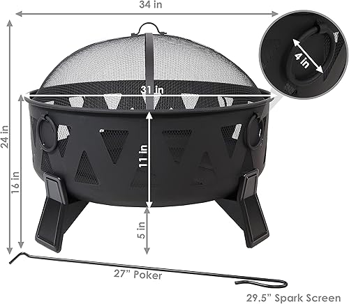 Miniatura 3 de Sunnydaze Fogata de leña de acero de 25 pulgadas con recortes de rayas de malla, incluye póquer y pantalla de chispas
