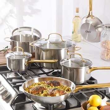 Oster Platinum Sunstreak Pots and Pans Set, 10-Piece Stainless Steel Cookware Set with Glass Strainer Lids and Gold Handles, Induction Cookware Set