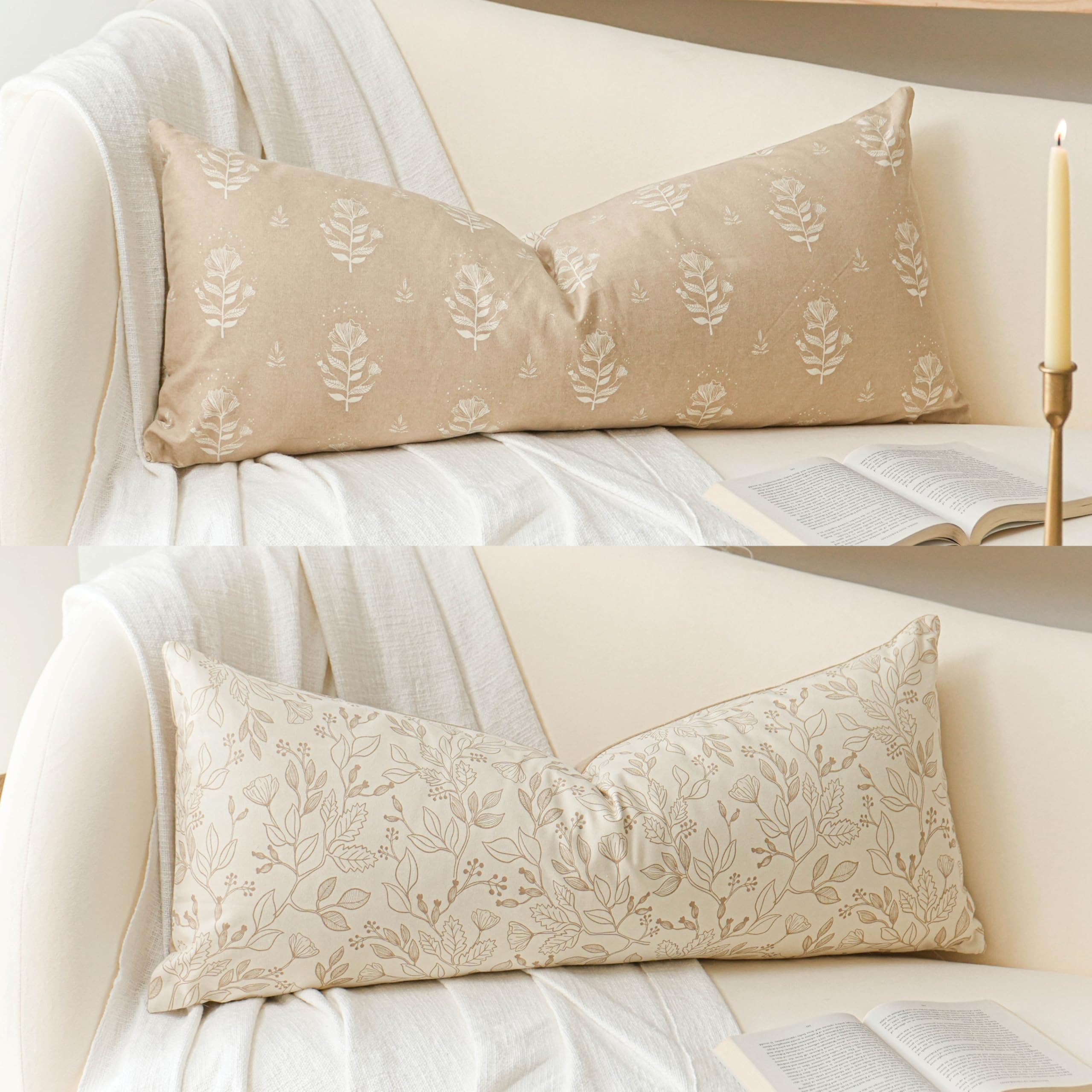 SageSelvas Farmhouse Decorative Throw Pillow Cover 14X36, Cream Accent Lumbar Throw Pillow for Bed, Floral Neutral Beige Cotton Pillowcase for Couch