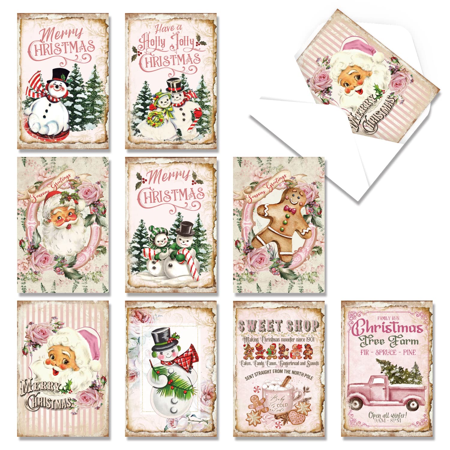 Quera Christmas Vintage Greeting Cards 27PCS Bulk Christmas Cards Snowman Santa Family Merry Christmas Cards With Envelopes For Christmas Holiday