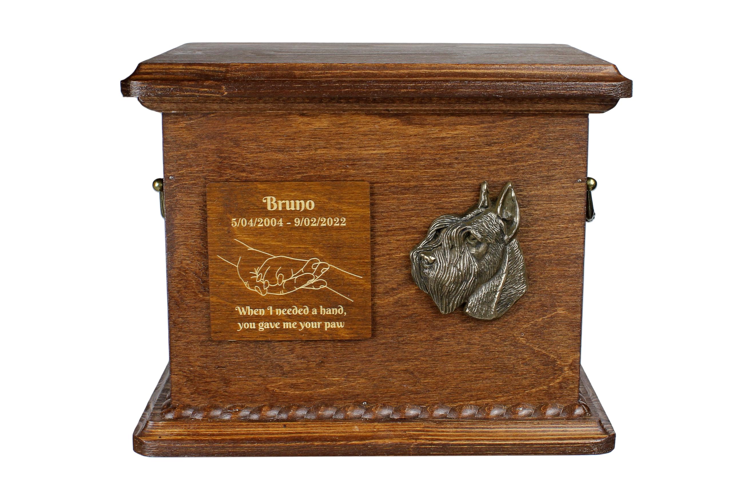 Art-Dog Urn for Dog Ashes - Handmade Memorial with Relief, Personalized Engraving, and Cold Cast Bronze Bust – Custom Pet Memorial Urn – 8.3x11.4x8.7” – Schnauzer