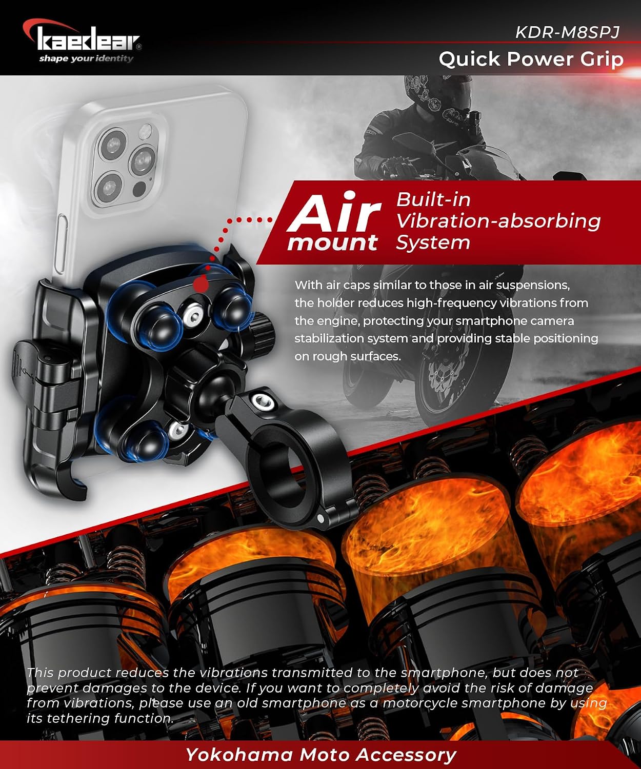 Kaedear Motorcycle Phone Holder, Phone Mount, Air Mount, Vibration Absorbing Mount, Quick Release, Power Grip, KDR-M8SPJ (Black)