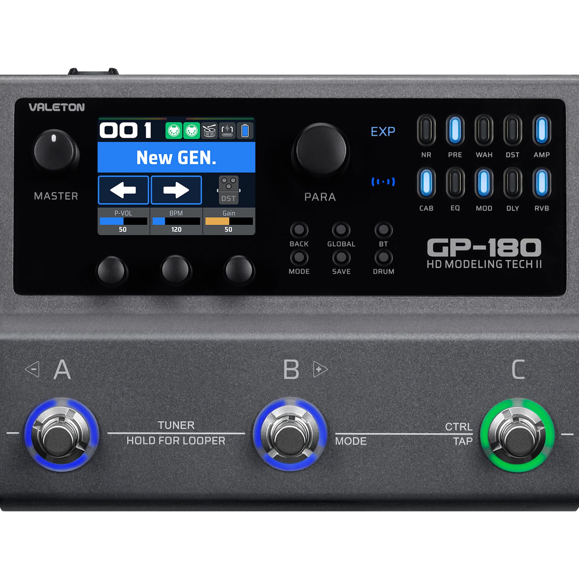 Valeton GP-180 Processore Multi-Effetti per Chitarra, Più di 200 Effetti, Modellazione NAM SnapTone, Caricatore IR, Looper, Drum Machine, Interfaccia Audio USB, Bluetooth MIDI, 3 Pedali a Interruttore