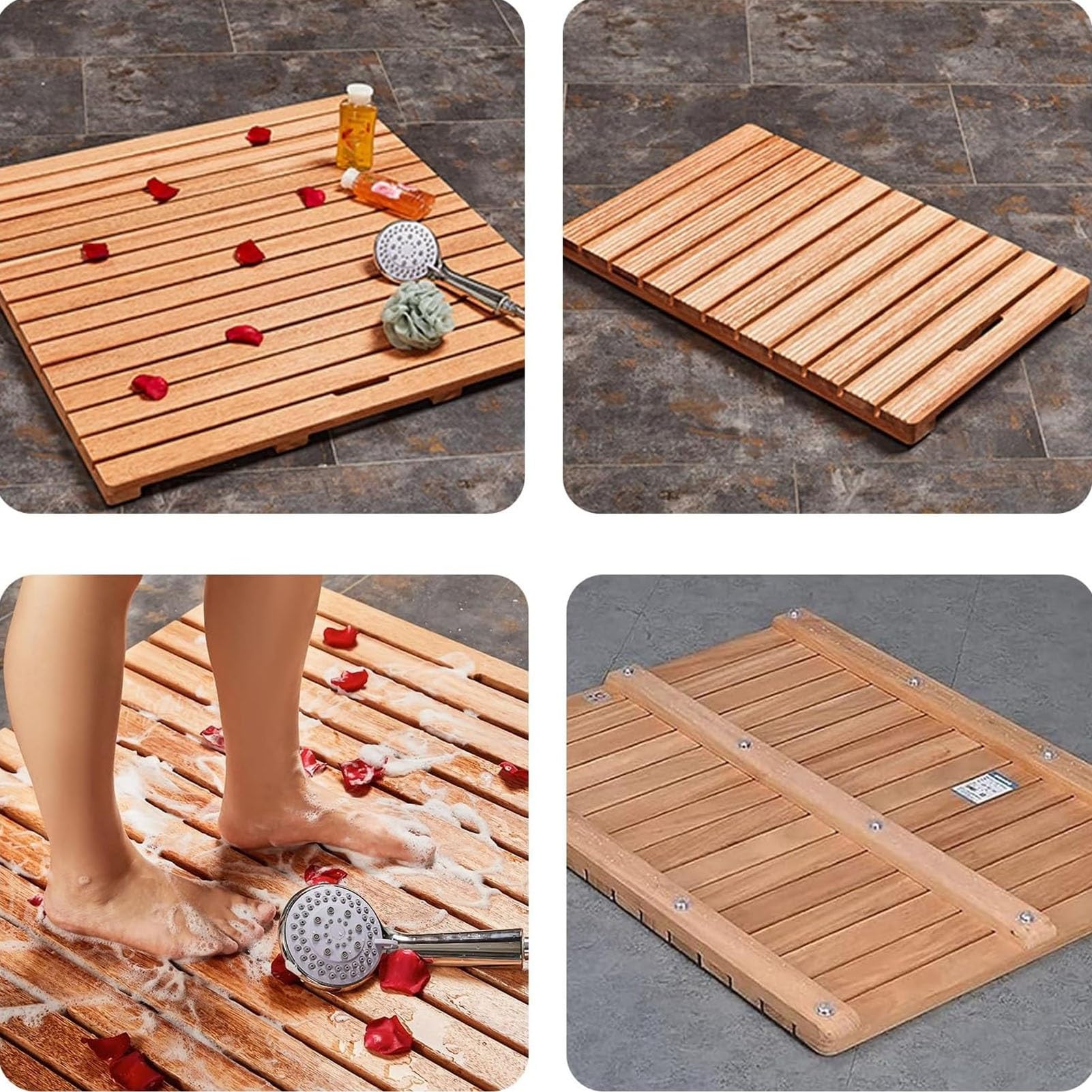 Alfombrilla de ducha antideslizante de madera de teca, alfombrilla de baño cuadrada con drenaje, diseño de listones para duchas interiores y exteriores (40 x 80 cm), duradera y elegante