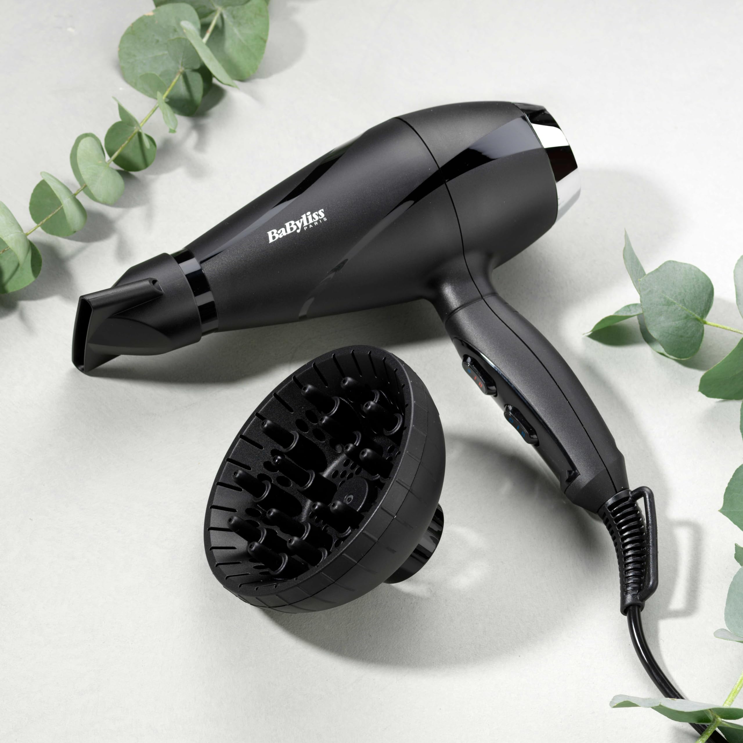 BaByliss Secador de Pelo Shine Pro 2200 – Tecnología iónica, 2200 W, Antiencrespamiento, Difusor y Boquilla Concentradora, Fabricado en Italia, Negro, 6713DE